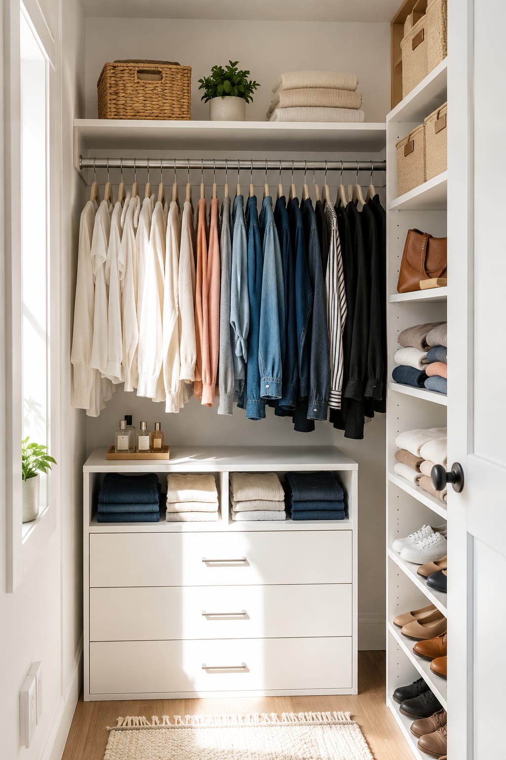 Small closet organization ideas with shelves and hanging clothes