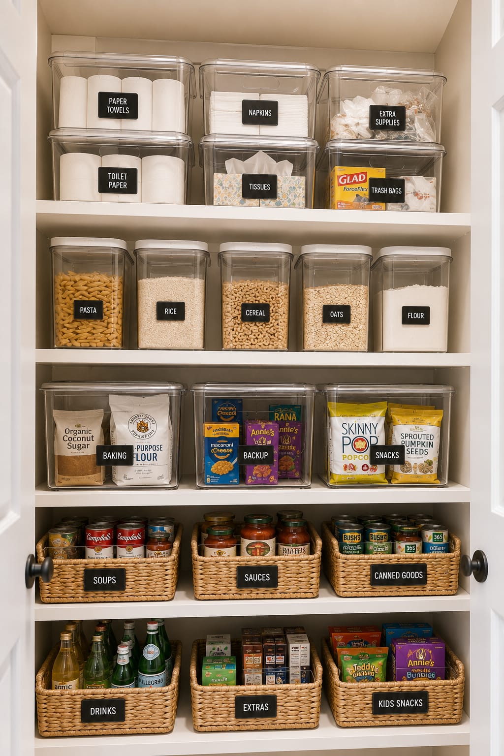 Stackable storage bins on top pantry shelves for extra storage