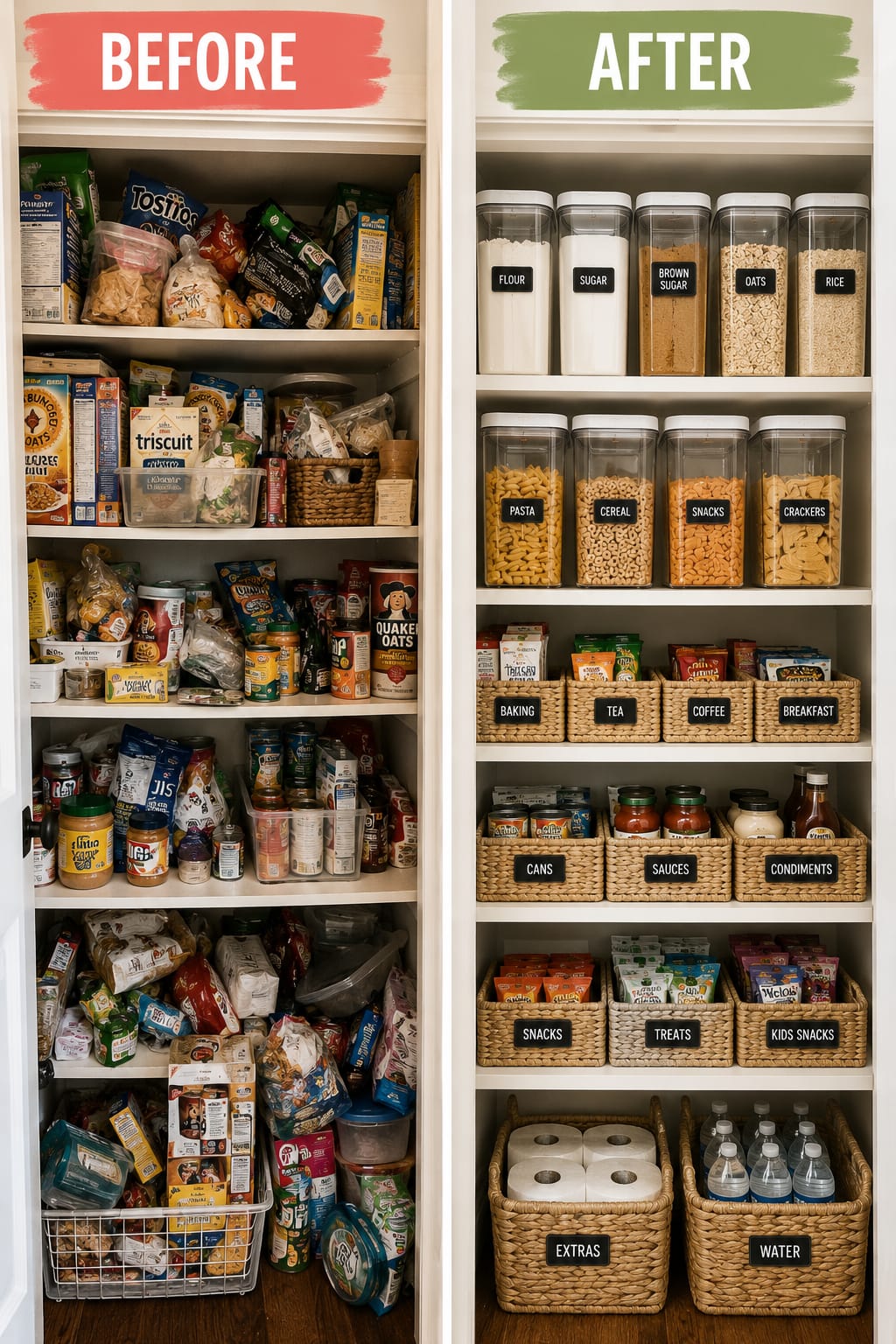 Before and after pantry makeover showing a dramatic pantry organization transformation