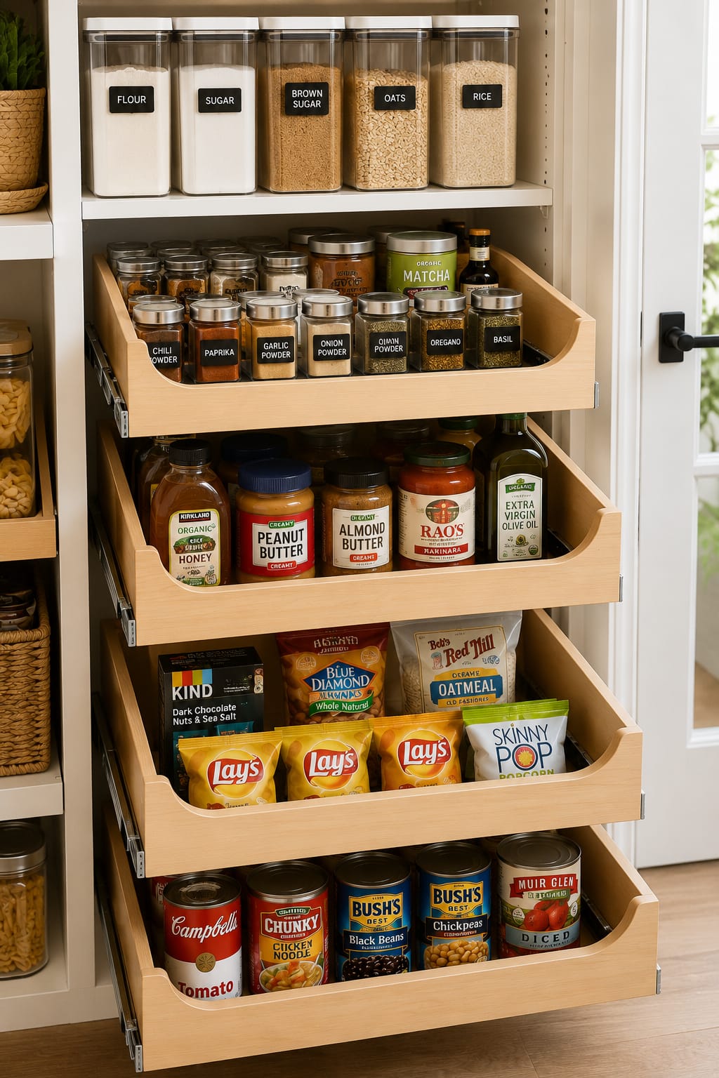 Pull-out sliding pantry drawers for small pantry organization