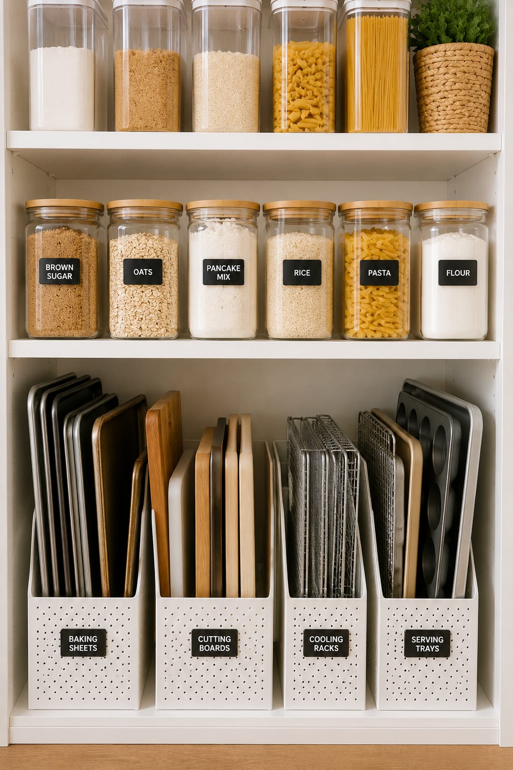 Vertical baking sheet storage using file organizers in a small pantry