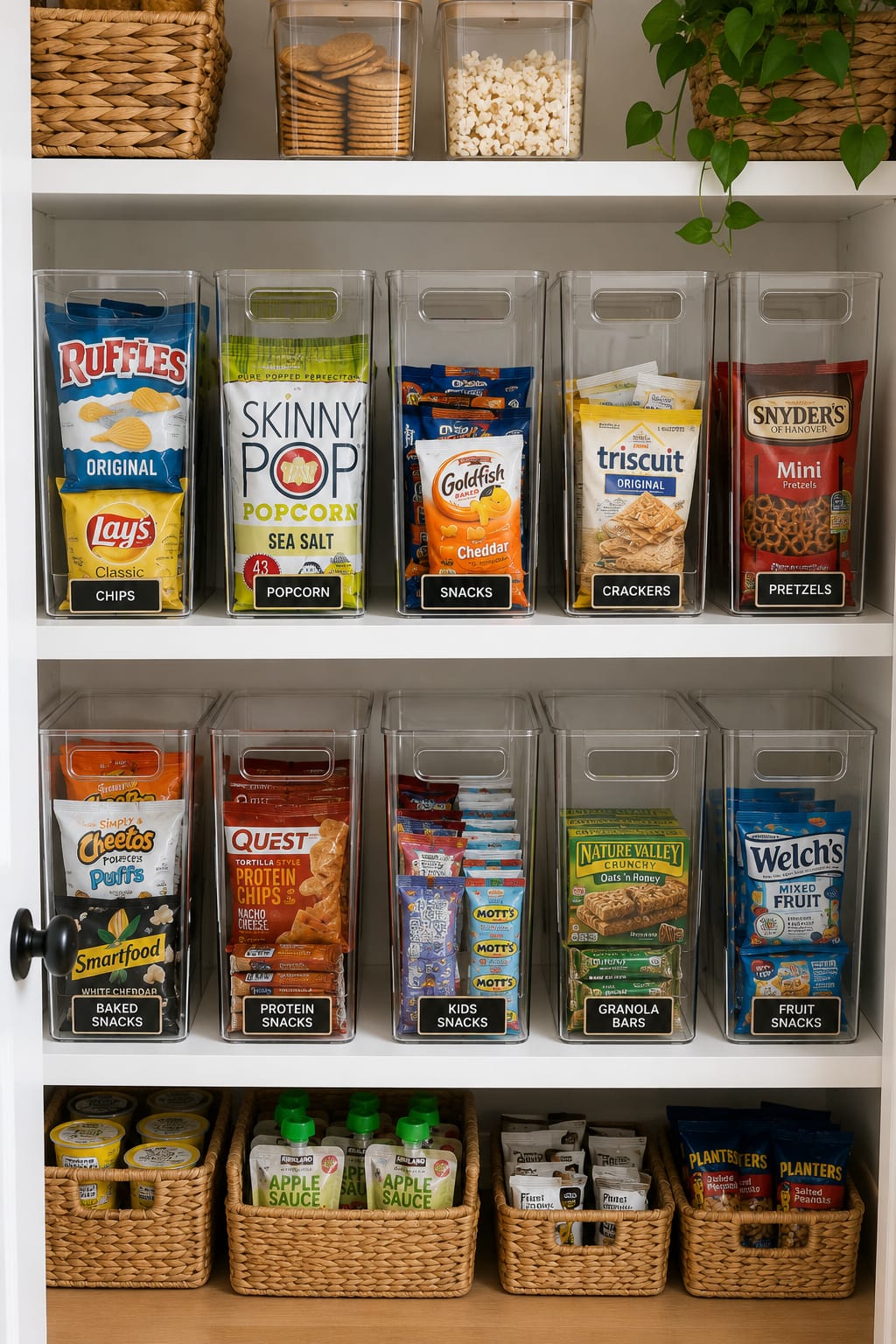 Clear pantry bins for organizing chips and snack bags