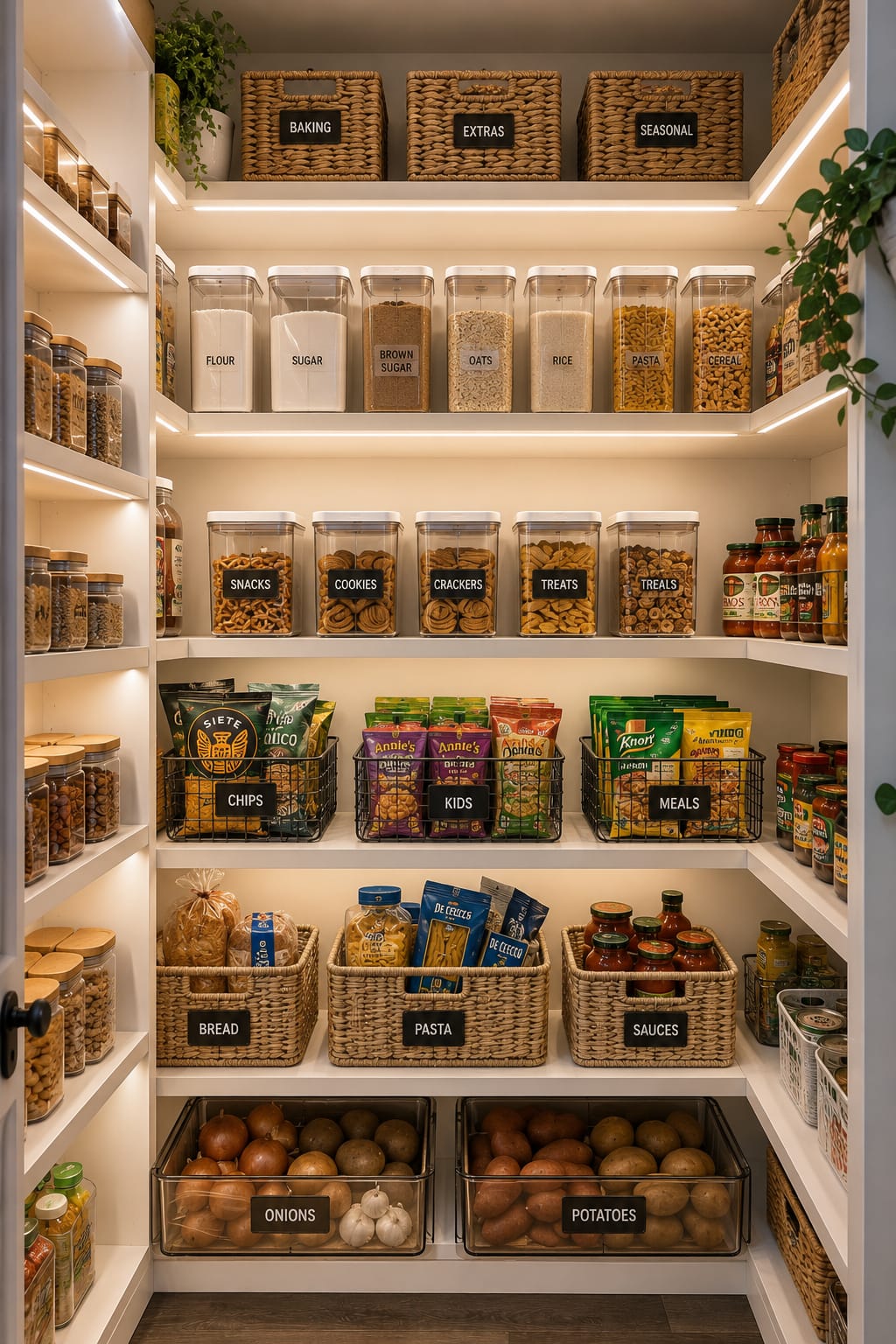 Small pantry with LED shelf lighting and organized storage containers