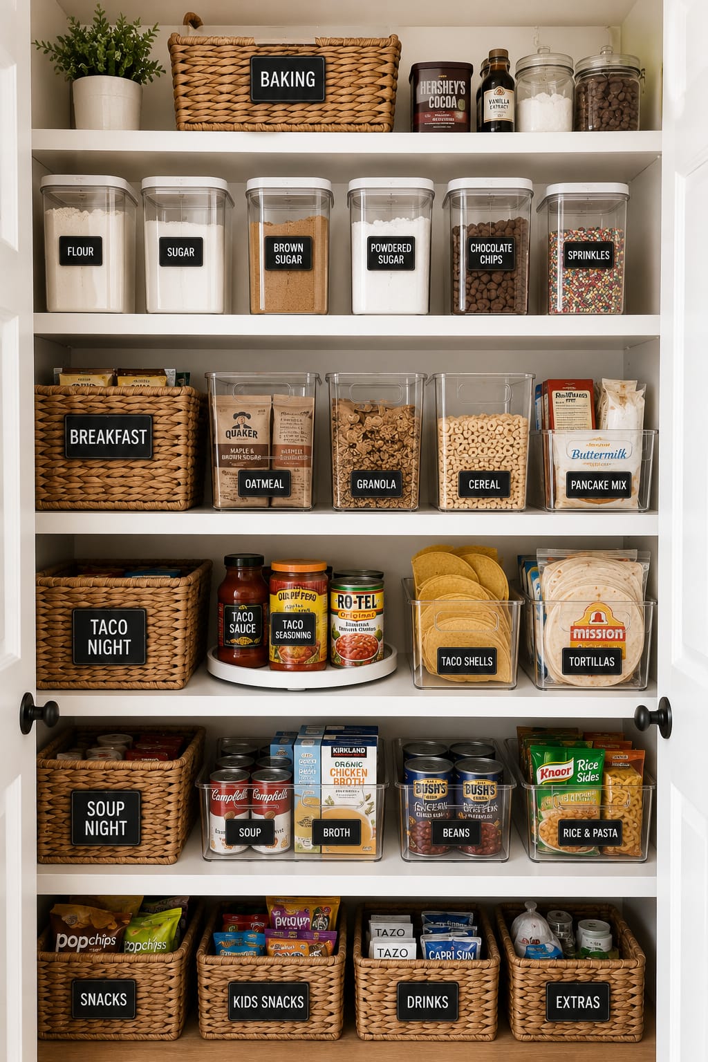 Pantry organized by meal zones with labeled baskets and containers
