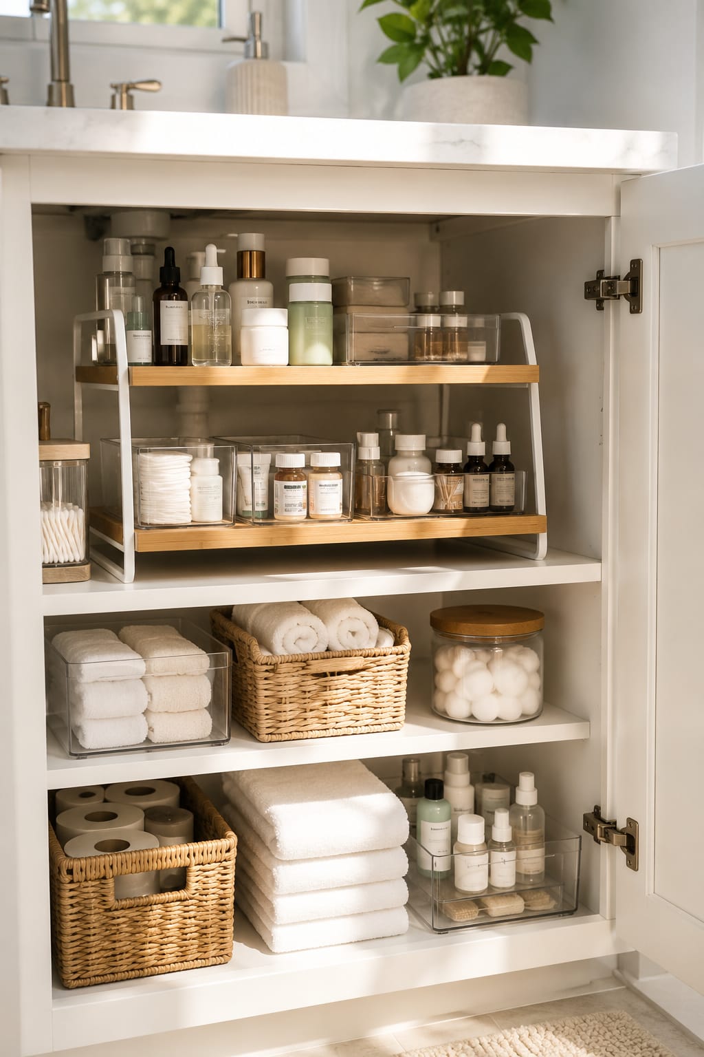 Organized bathroom cabinet with a two-tier shelf organizer, clear storage bins, woven baskets, folded towels, and neatly arranged skincare products