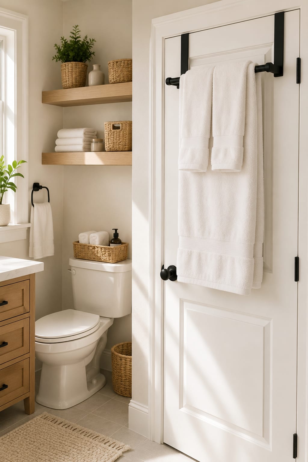 Bathroom organization ideas with an over-the-door towel bar and neatly folded towels in a modern small bathroom