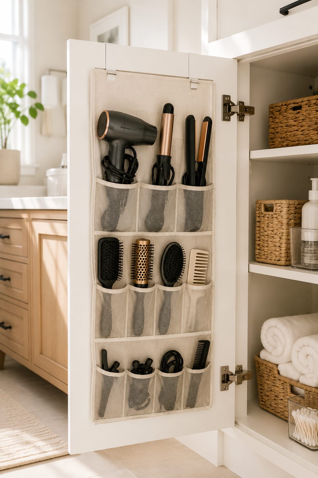 Bathroom organization ideas with a hanging pocket organizer for hair tools inside a bathroom cabinet