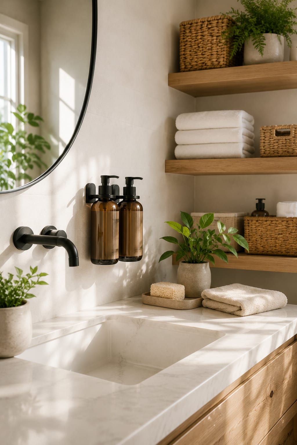 Bathroom organization ideas with a wall-mounted soap dispenser beside a white marble sink in a modern bathroom