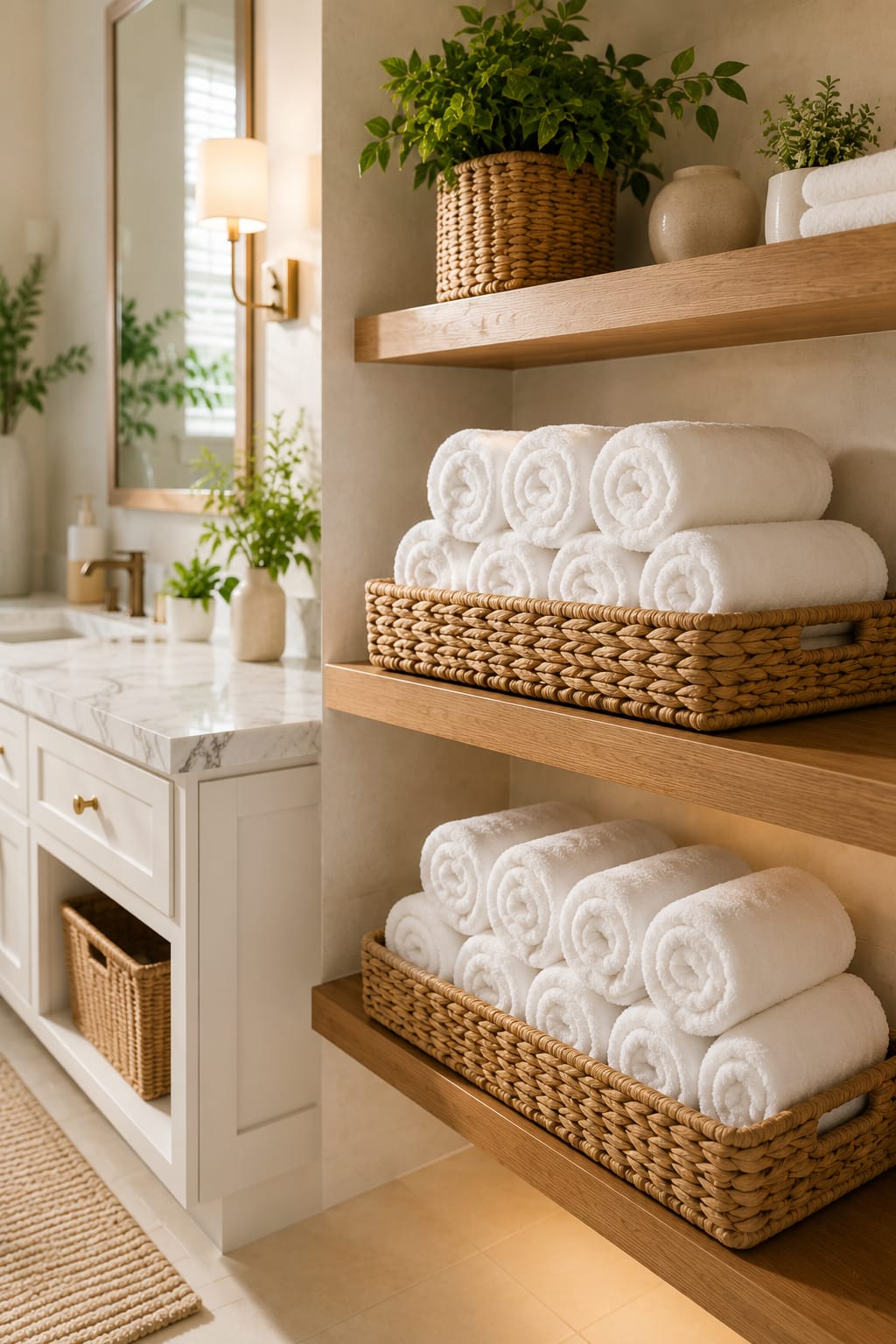 Bathroom organization ideas with rolled white towels stored in woven baskets on floating wooden shelves