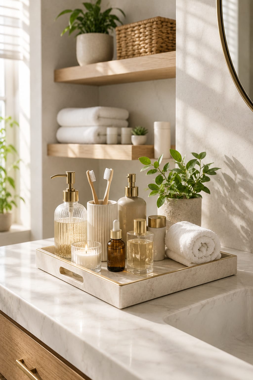 Bathroom organization ideas with a daily use tray on a white marble countertop in a modern bathroom