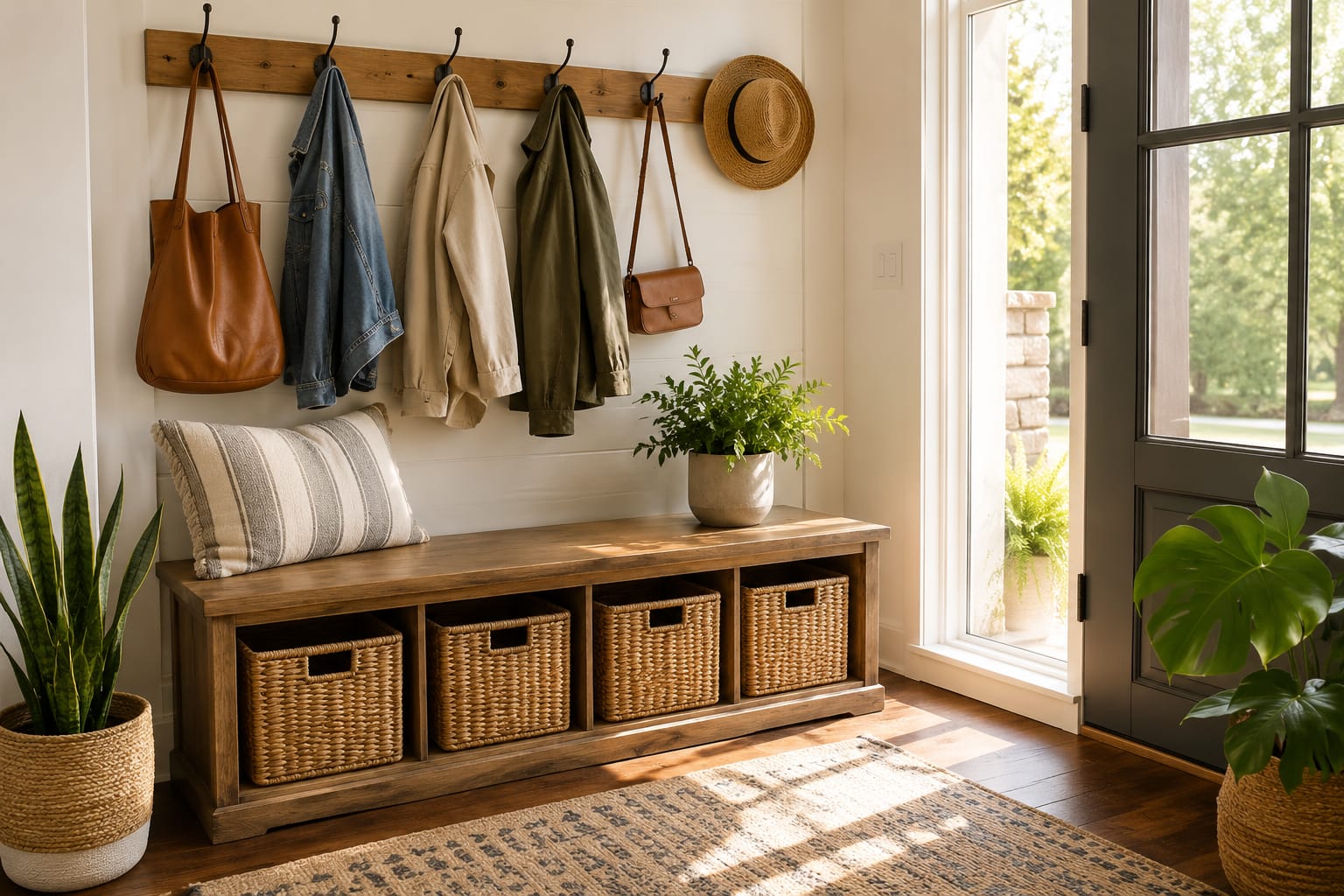 Entryway organization ideas with storage bench, wall hooks, and woven baskets