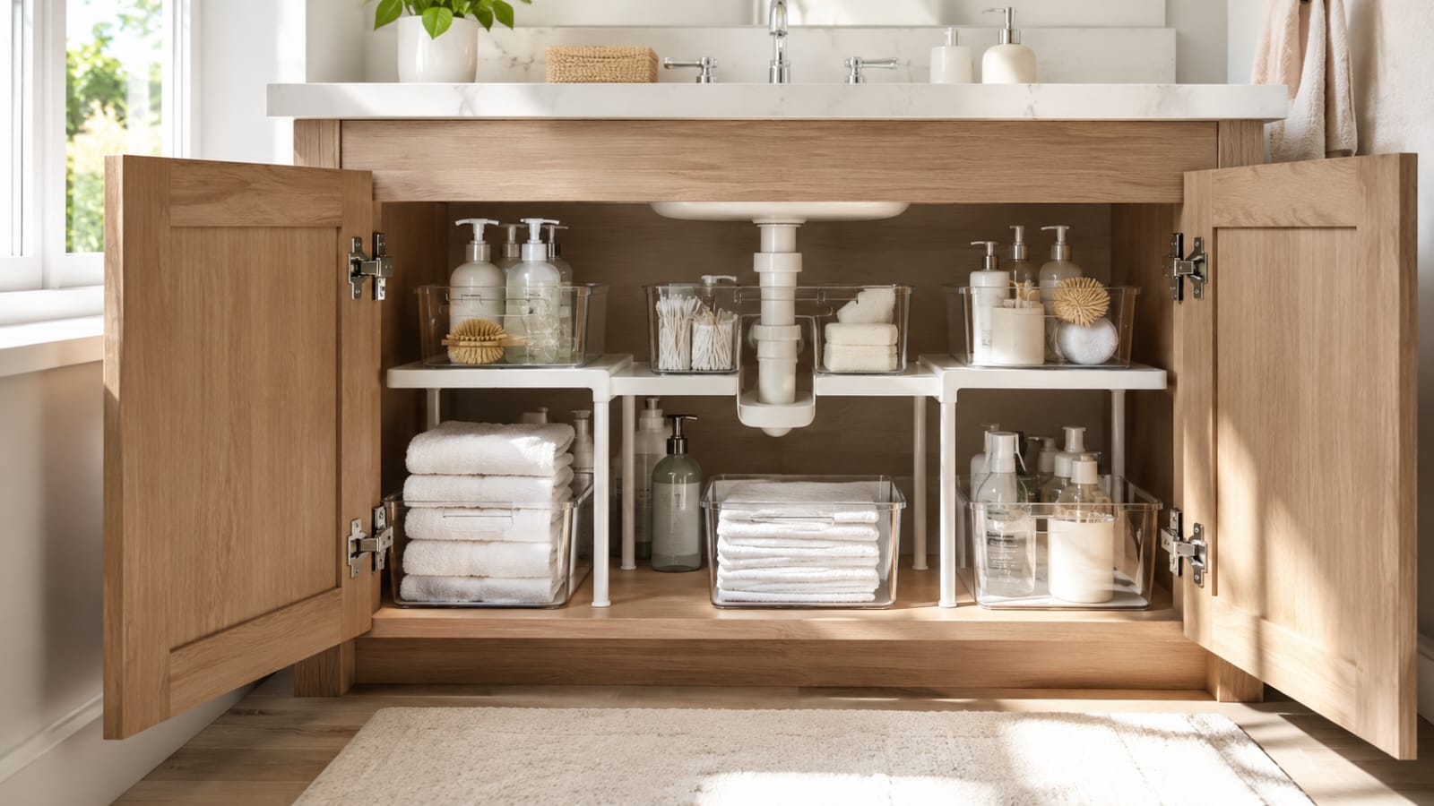 Neatly organized bathroom cabinet showing under sink storage ideas with clear bins and a two-tier shelf