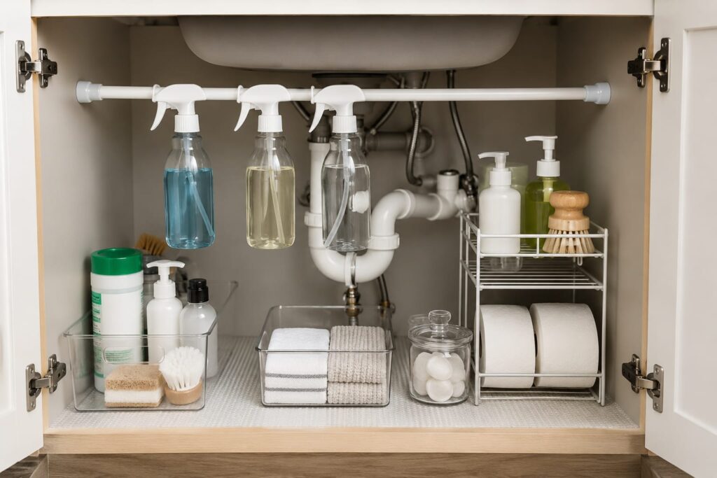 Neatly organized bathroom cabinet showing under sink storage ideas with clear bins and a two-tier shelf