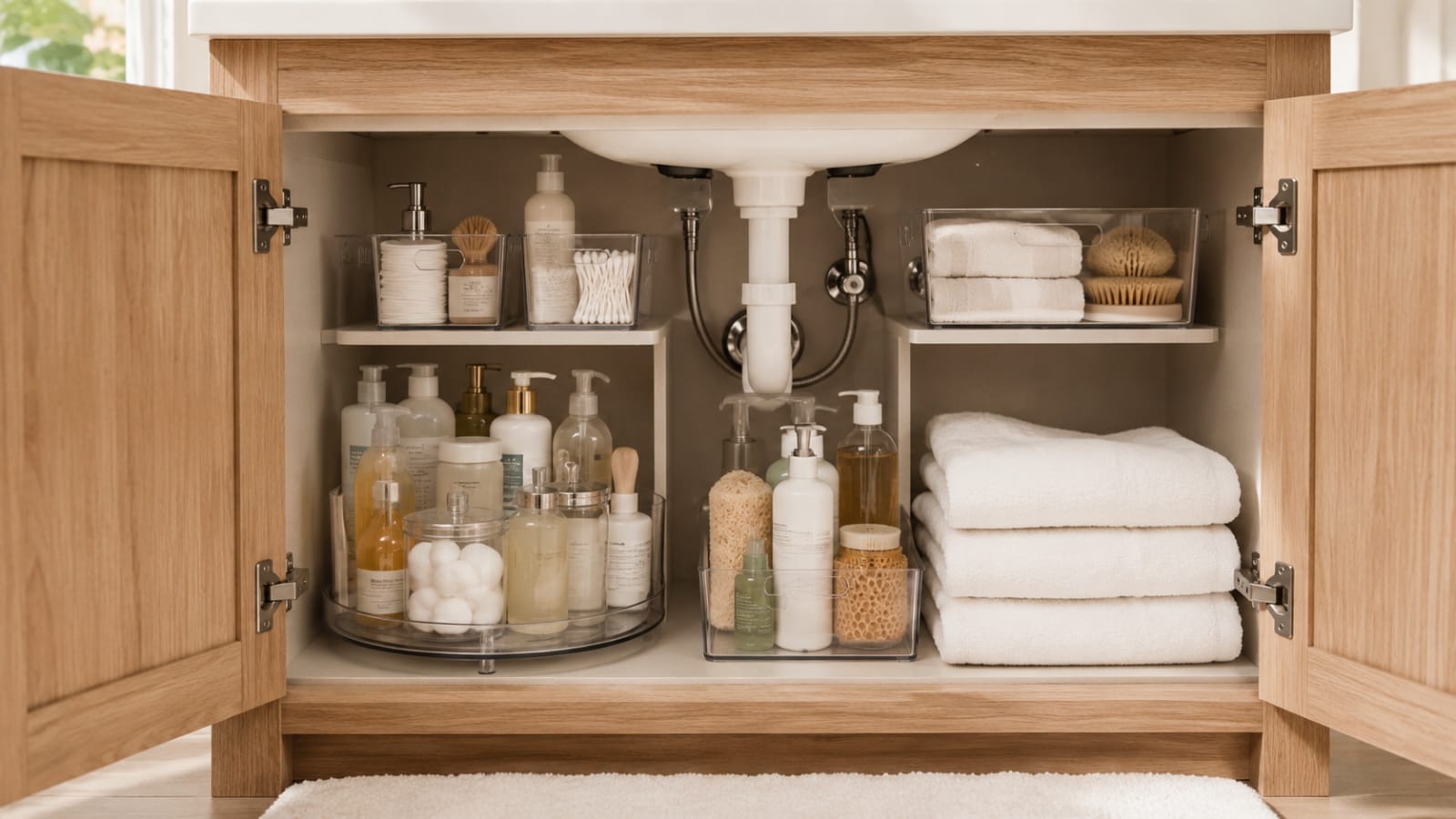 Lazy Susan turntable organizing toiletries inside a modern under sink bathroom cabinet
