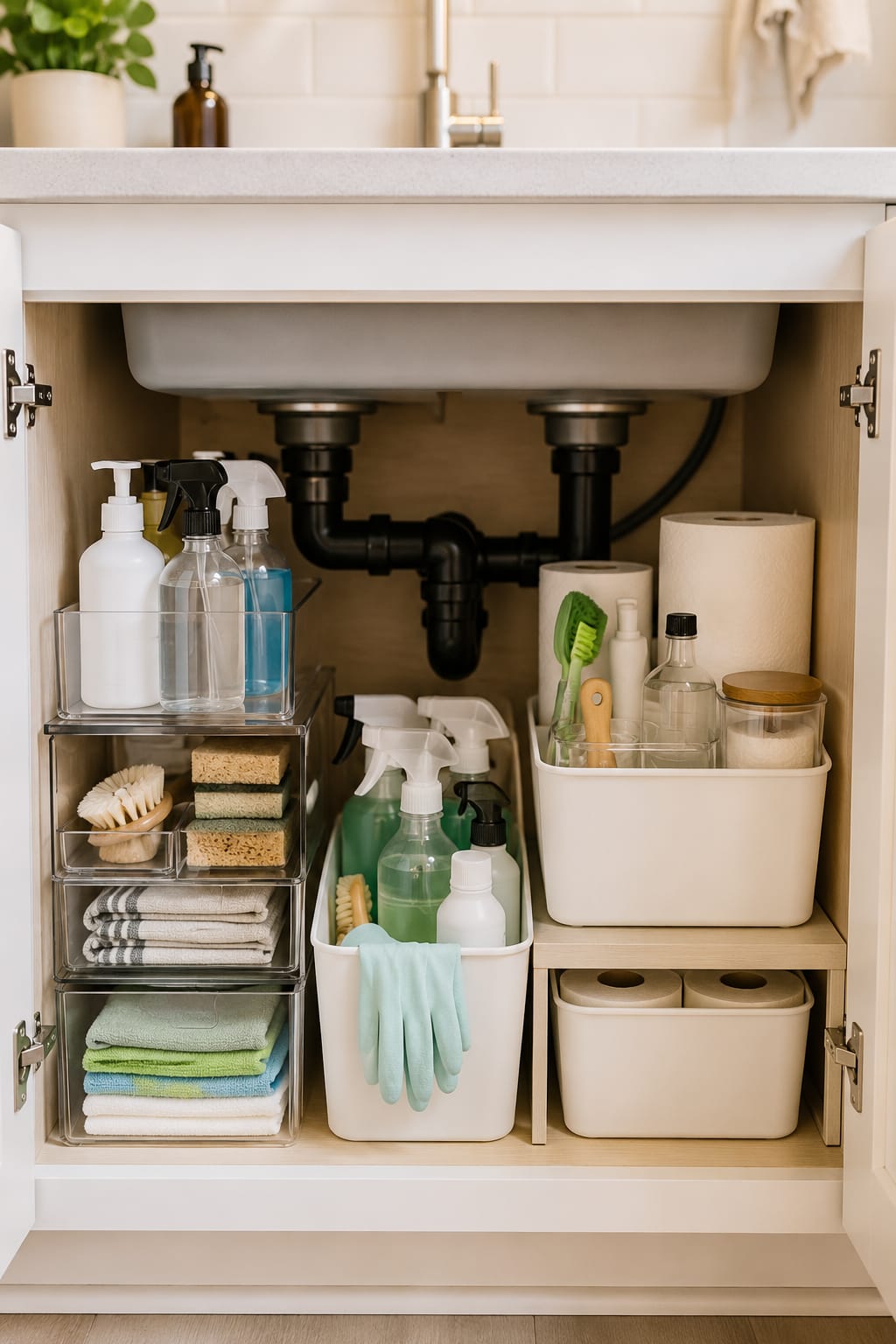 Organized under-sink cabinet with dedicated cleaning supplies stored in clear bins and containers