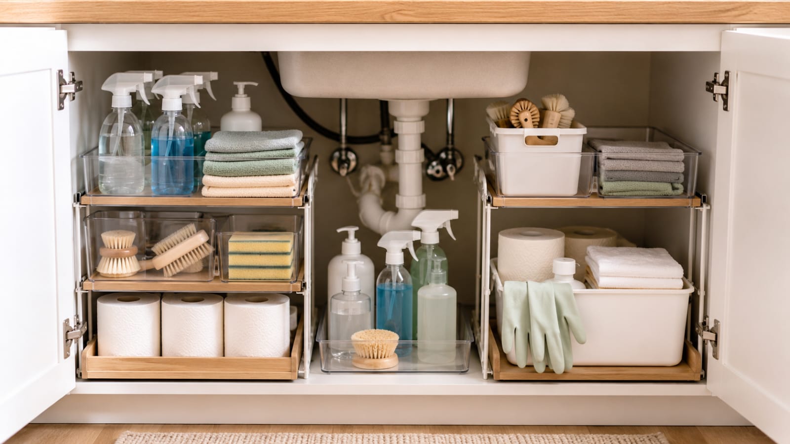 Neatly organized under-sink cabinet after a monthly reset with clear storage bins and cleaning supplies