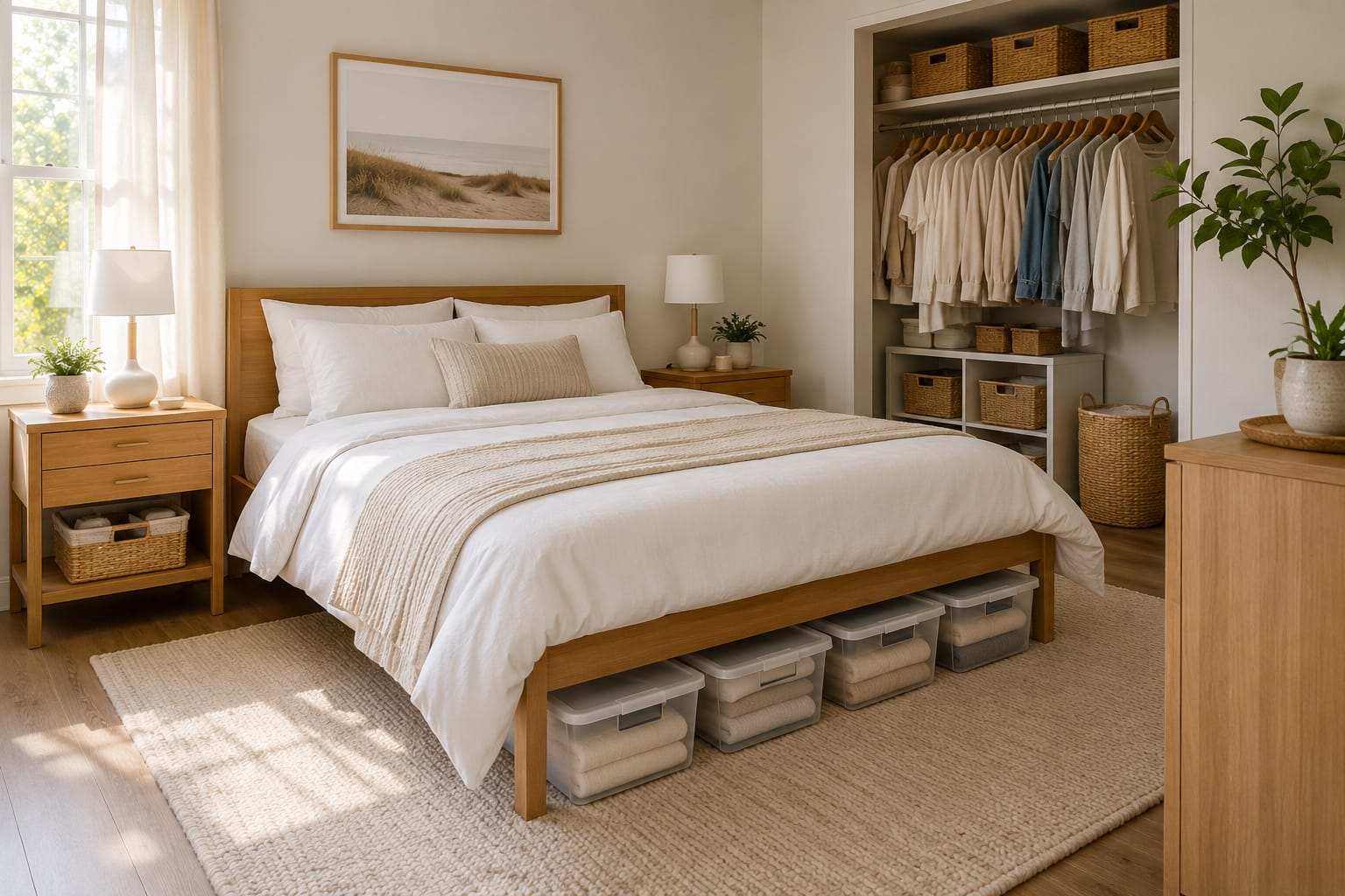 Bedroom organization ideas with under bed storage boxes and an organized modern bedroom