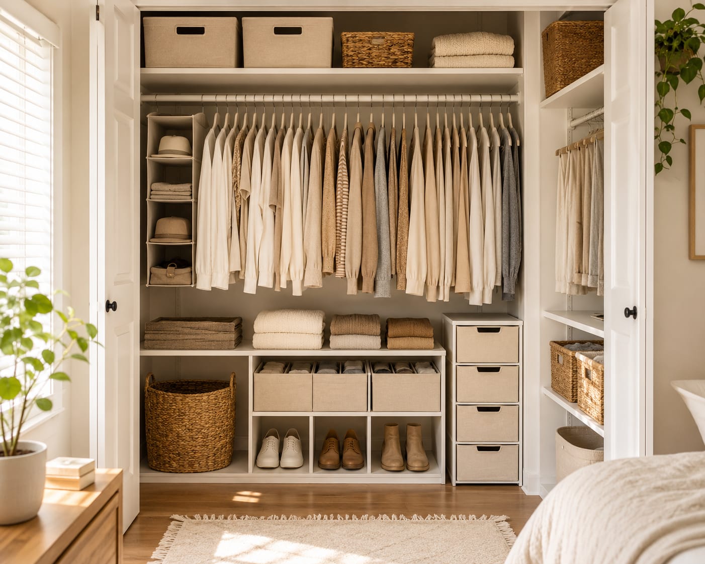 Bedroom organization ideas with an organized closet, matching velvet hangers, and storage bins
