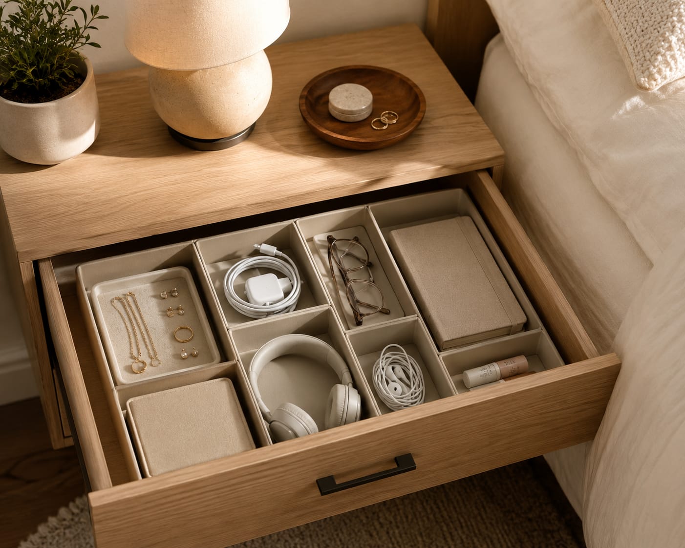 Bedroom organization ideas with an organized nightstand drawer using drawer dividers and storage trays