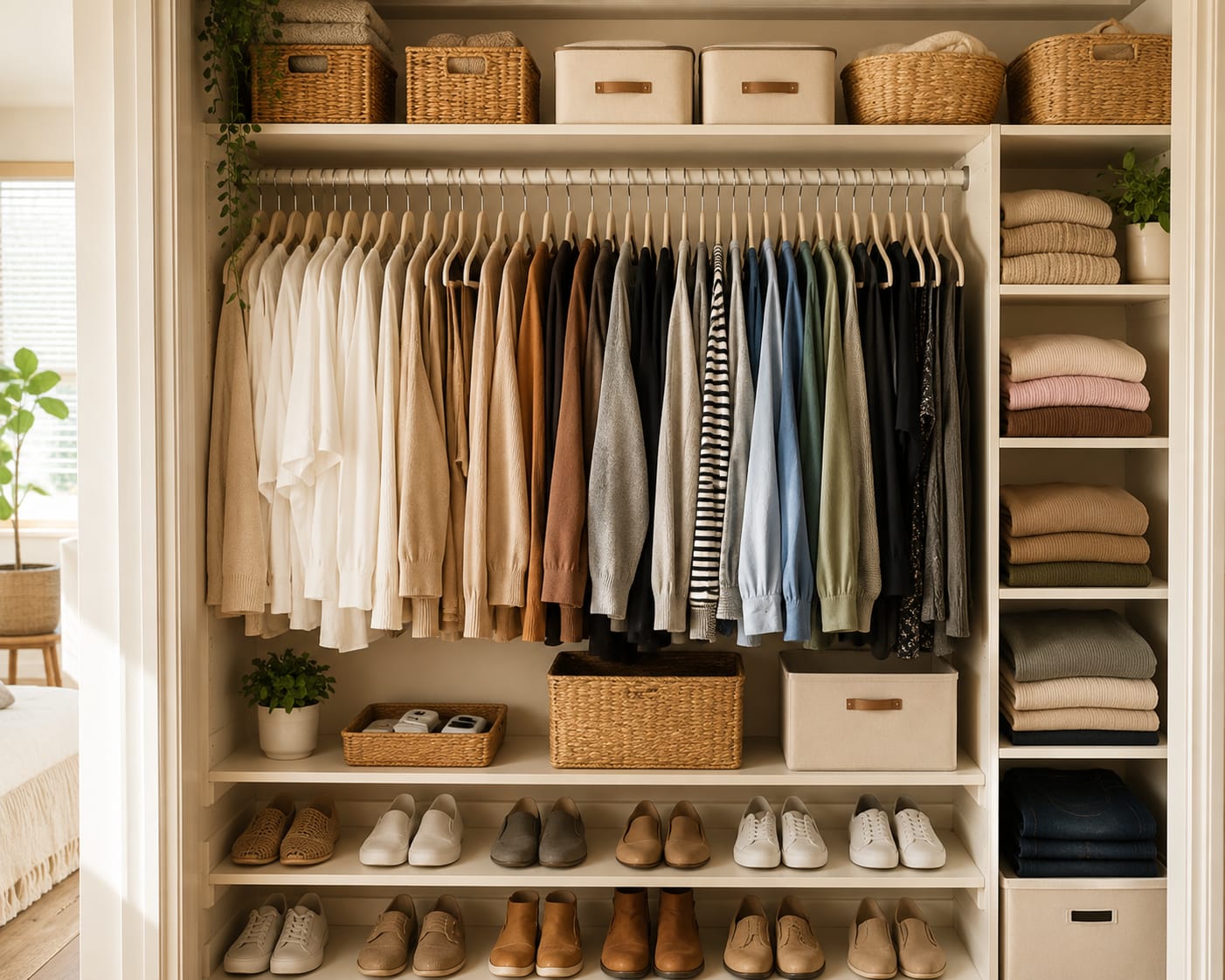 Bedroom organization ideas with matching velvet hangers, organized closet, and storage bins