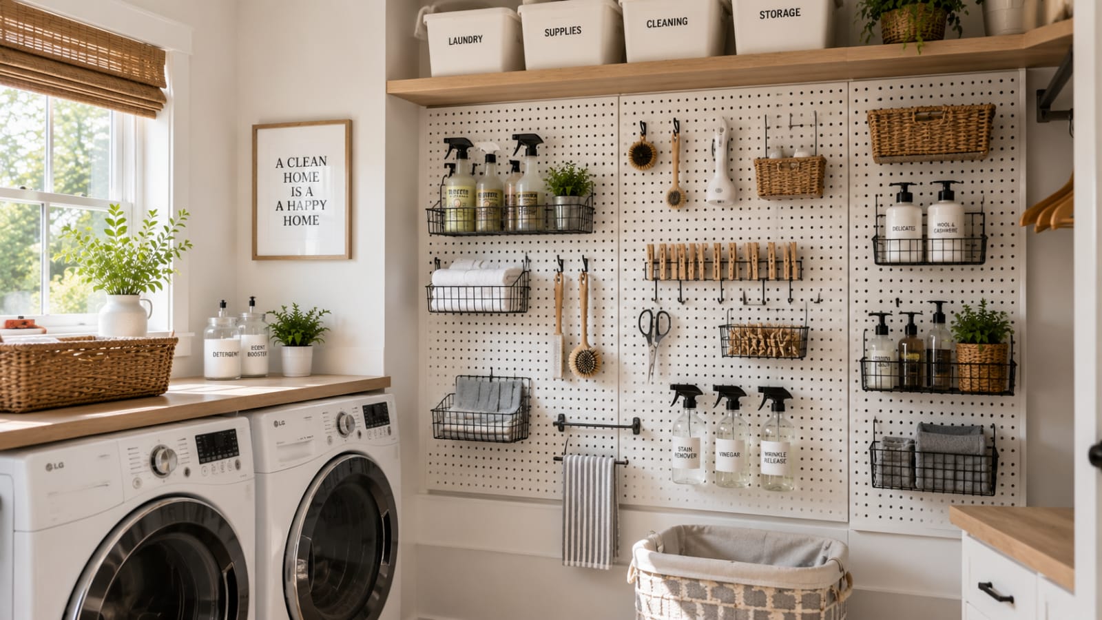 Pegboard wall with organized laundry tools, storage baskets, and cleaning supplies in a modern laundry room