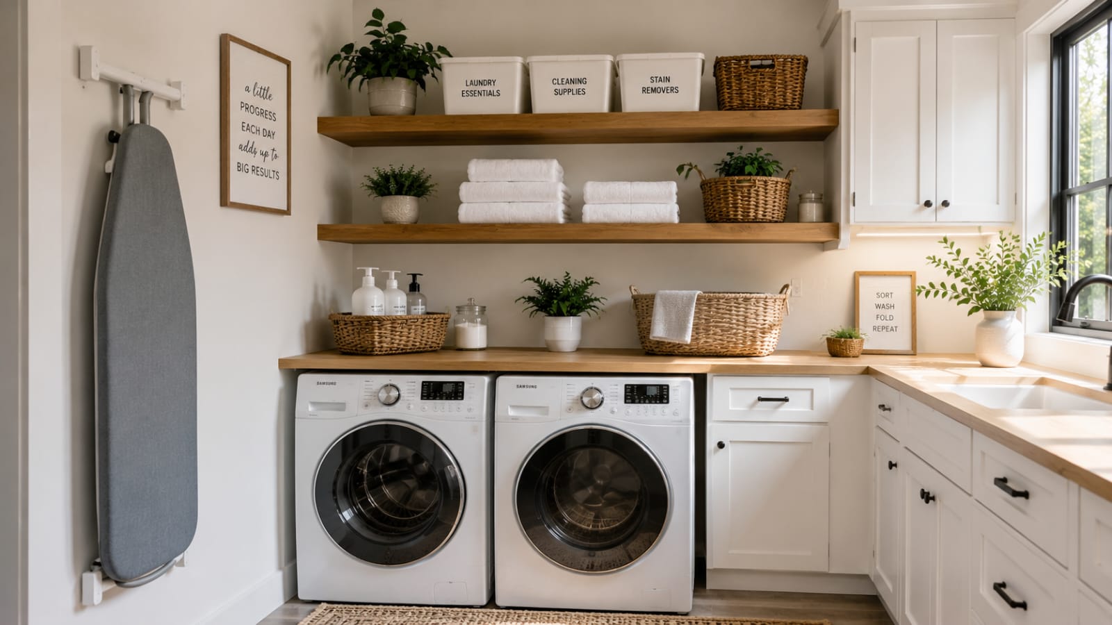 Modern laundry room with wall-mounted ironing board, floating shelves, and organized storage solutions