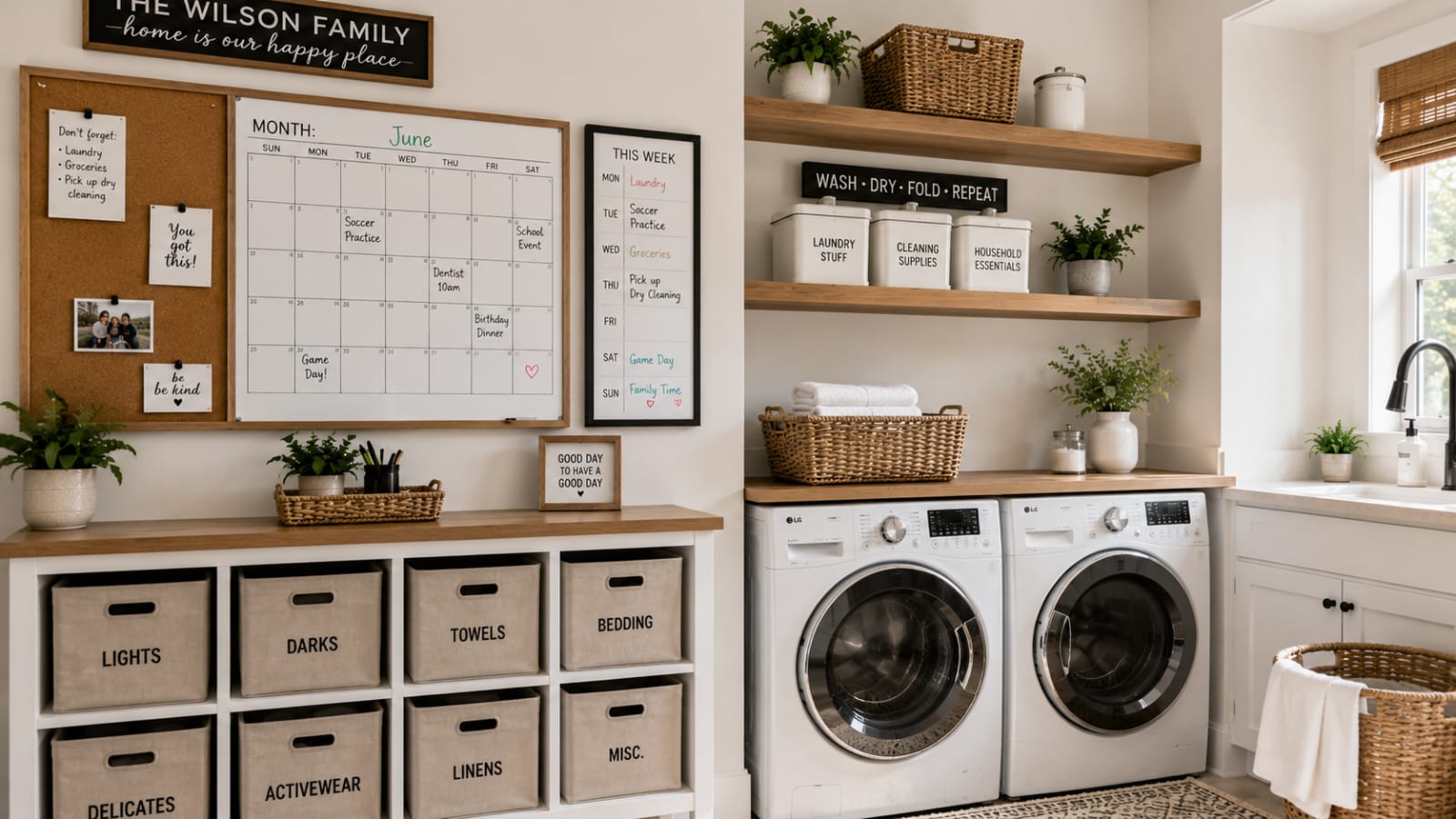 Modern laundry room command center with corkboard, whiteboard calendar, floating shelves, and organized storage