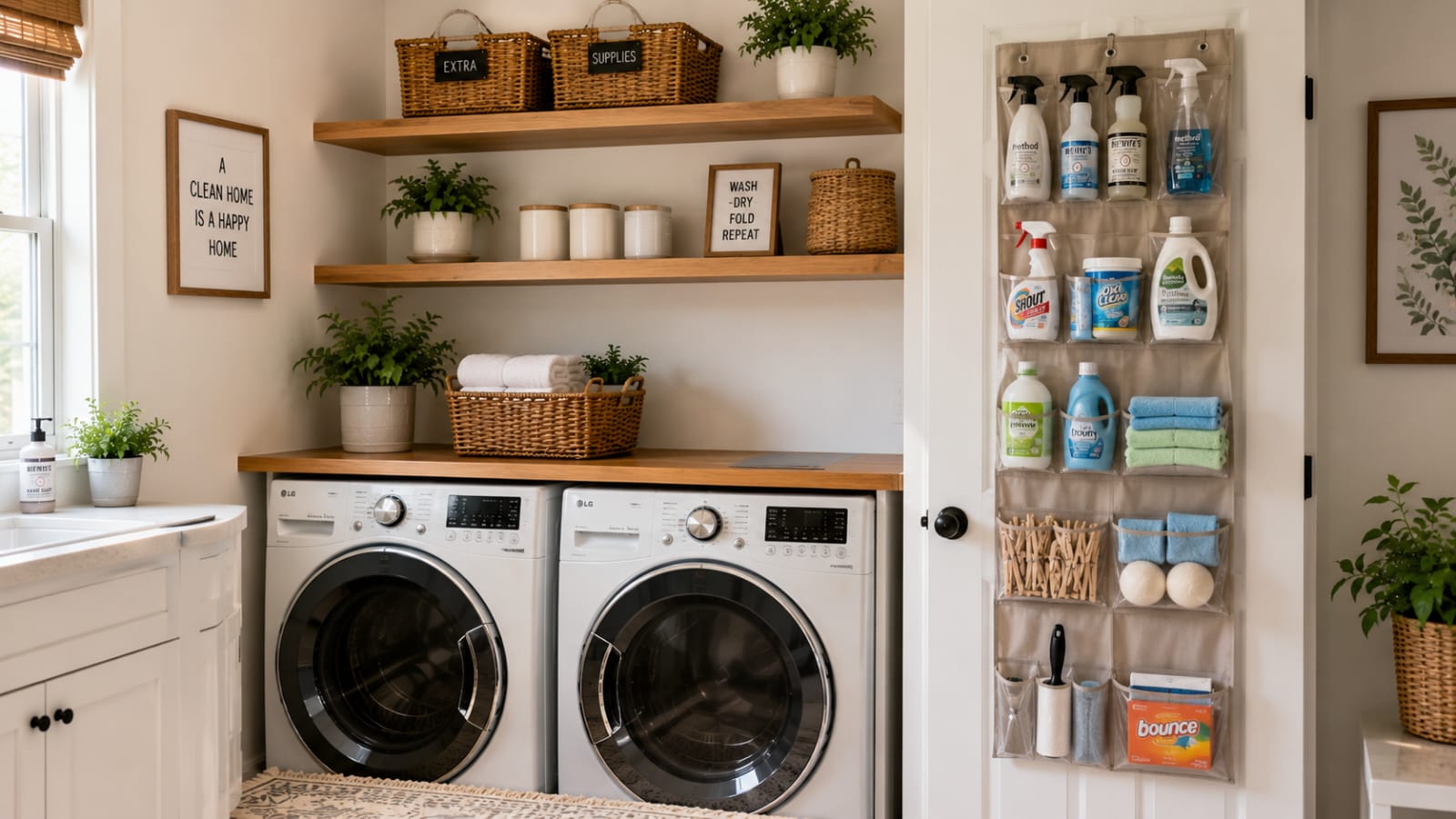 Over-the-door shoe organizer storing laundry supplies in a modern organized laundry room