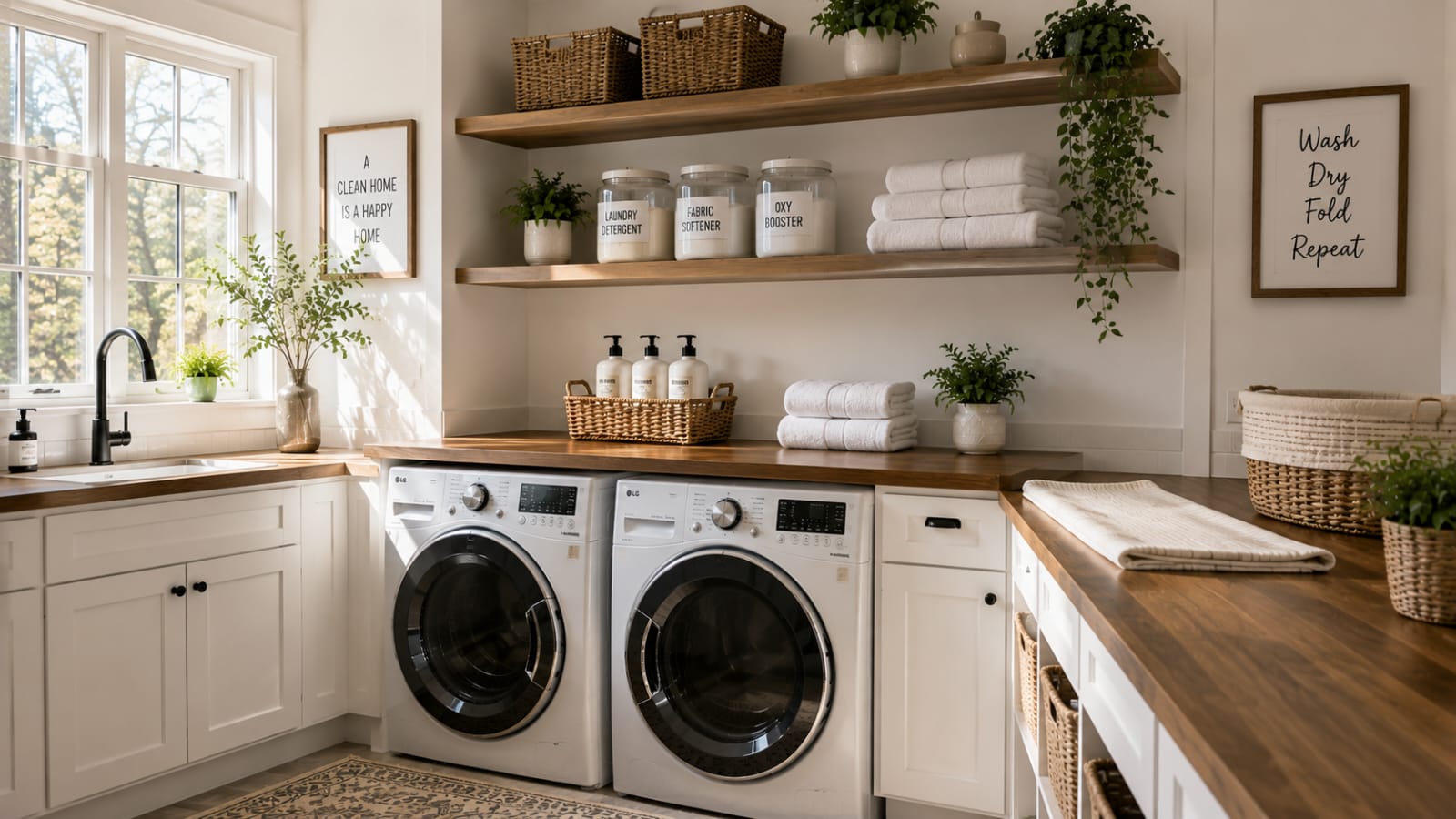 Beautiful organized laundry room with floating shelves, folding station, and smart storage solutions