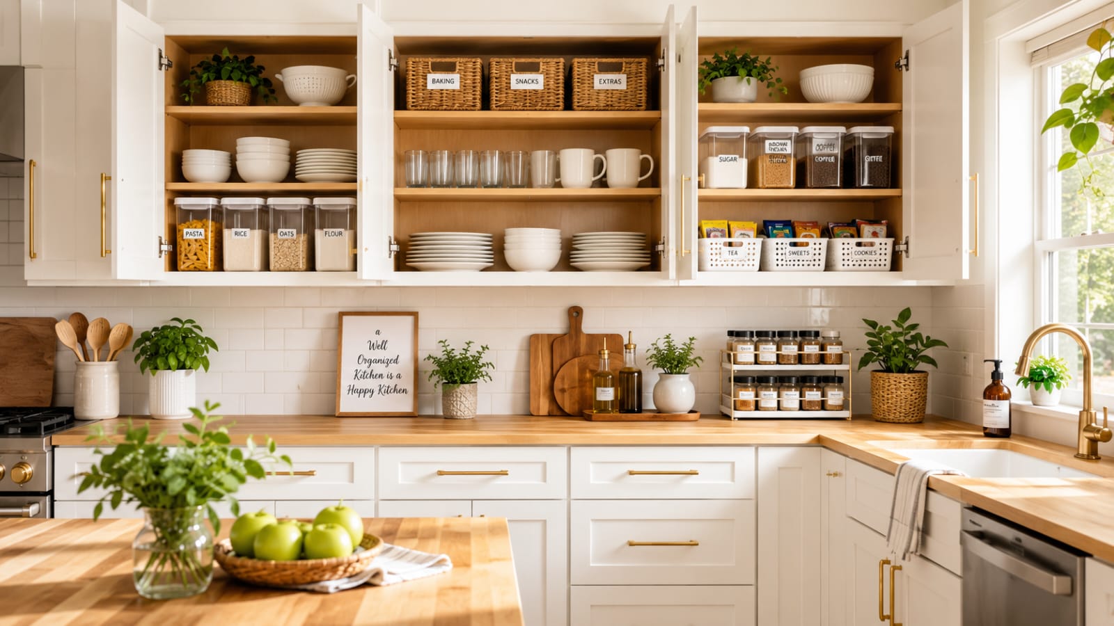 Organized white shaker kitchen cabinets with smart storage solutions