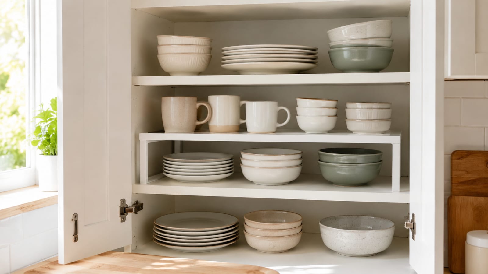Kitchen cabinet shelf risers doubling storage space for plates, bowls, and mugs
