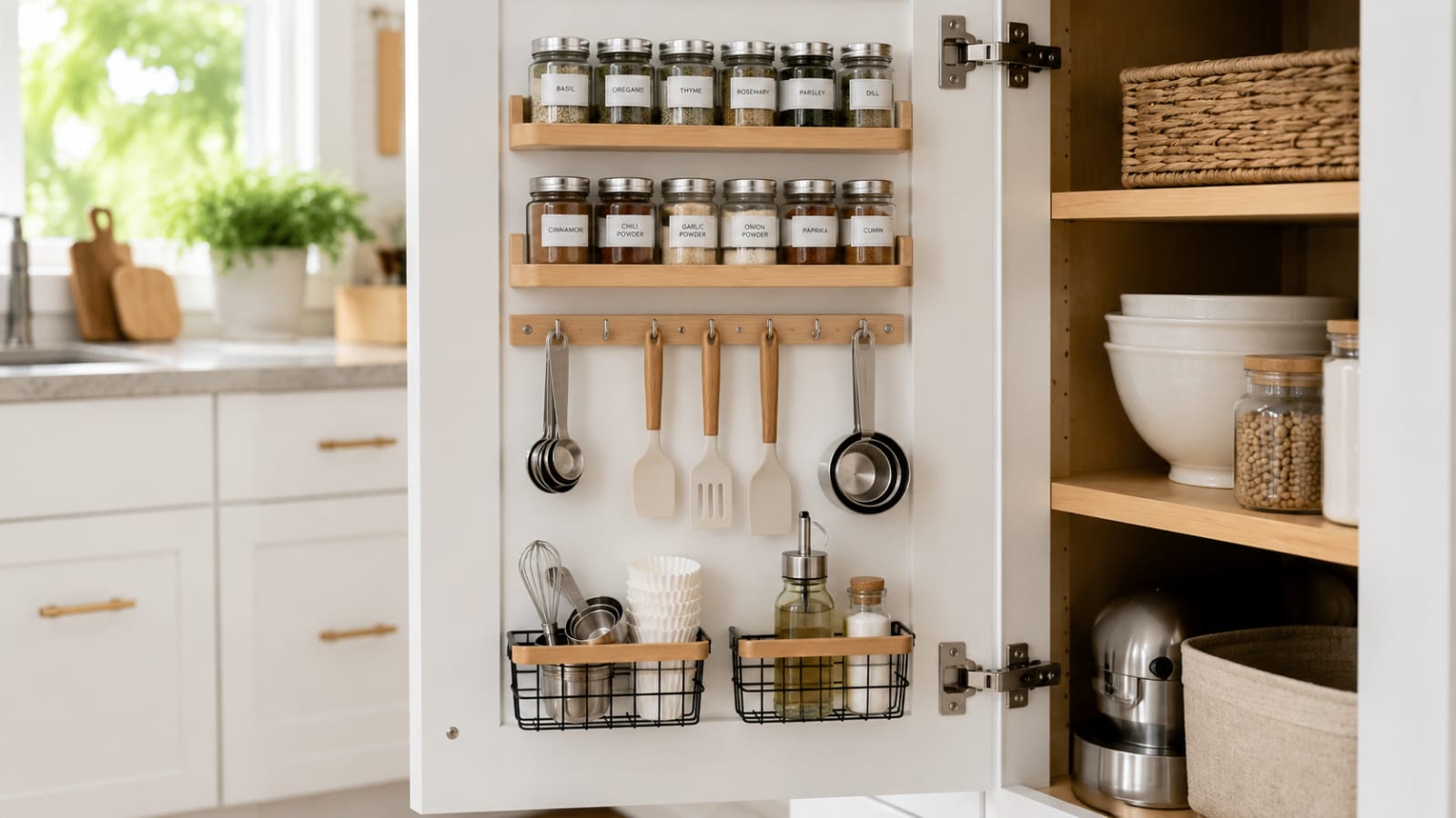 Cabinet door organizer with labeled spice jars, measuring spoons, and kitchen utensils inside a white shaker kitchen cabinet