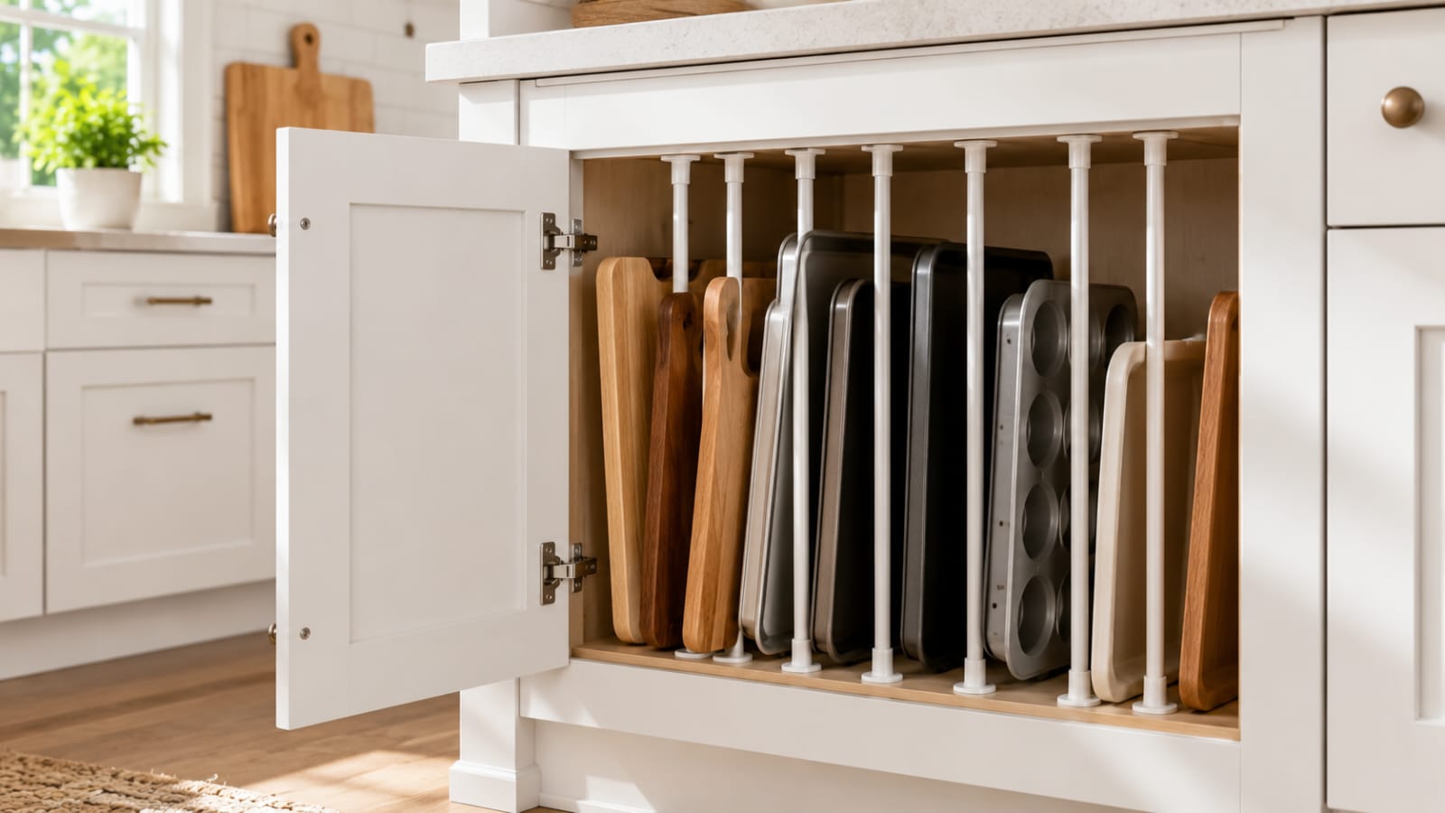 Vertical tension rods organizing cutting boards, baking sheets, and muffin tins inside a white shaker kitchen cabinet