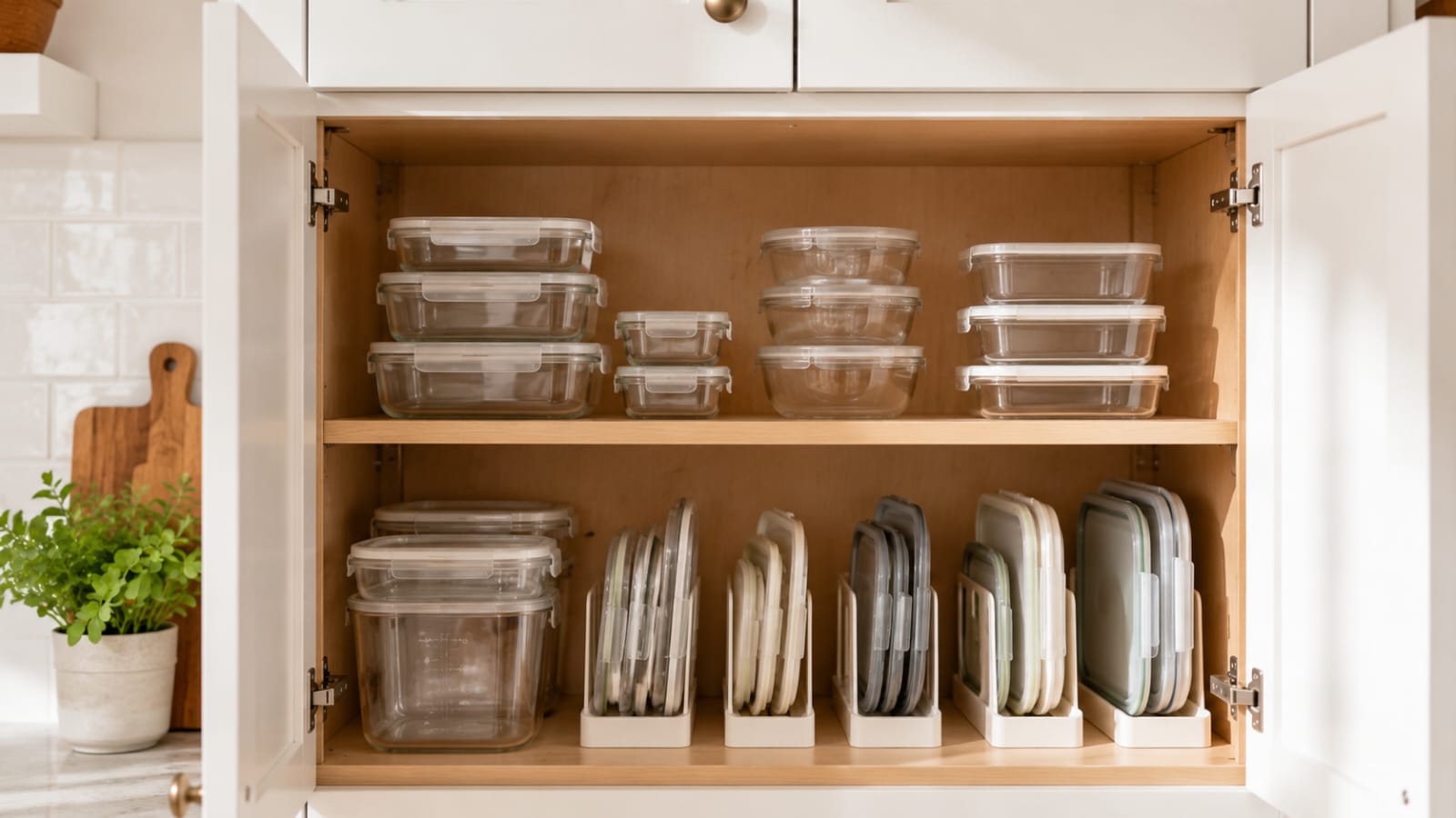 Neatly organized food storage containers with matching lids inside a white shaker kitchen cabinet