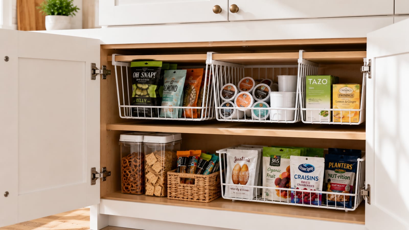 Fully organized modern American kitchen with white shaker cabinets, organized drawers, and smart kitchen cabinet storage solutions