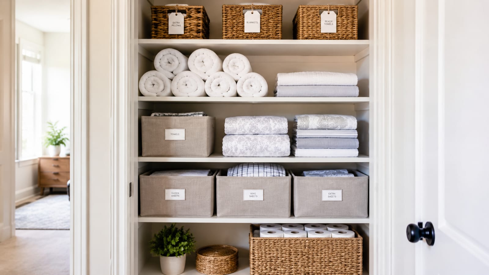 Neatly organized linen closet with rolled towels and labeled bins showing practical linen closet organization ideas