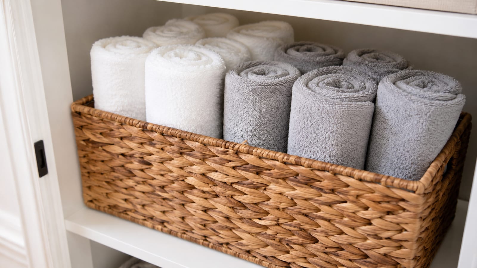 Rolled white and light gray towels stored in a woven basket on a linen closet shelf