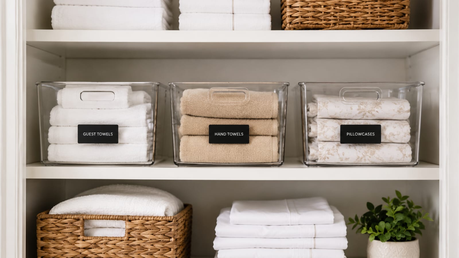 Clear labeled storage bins organizing towels and pillowcases in a modern linen closet