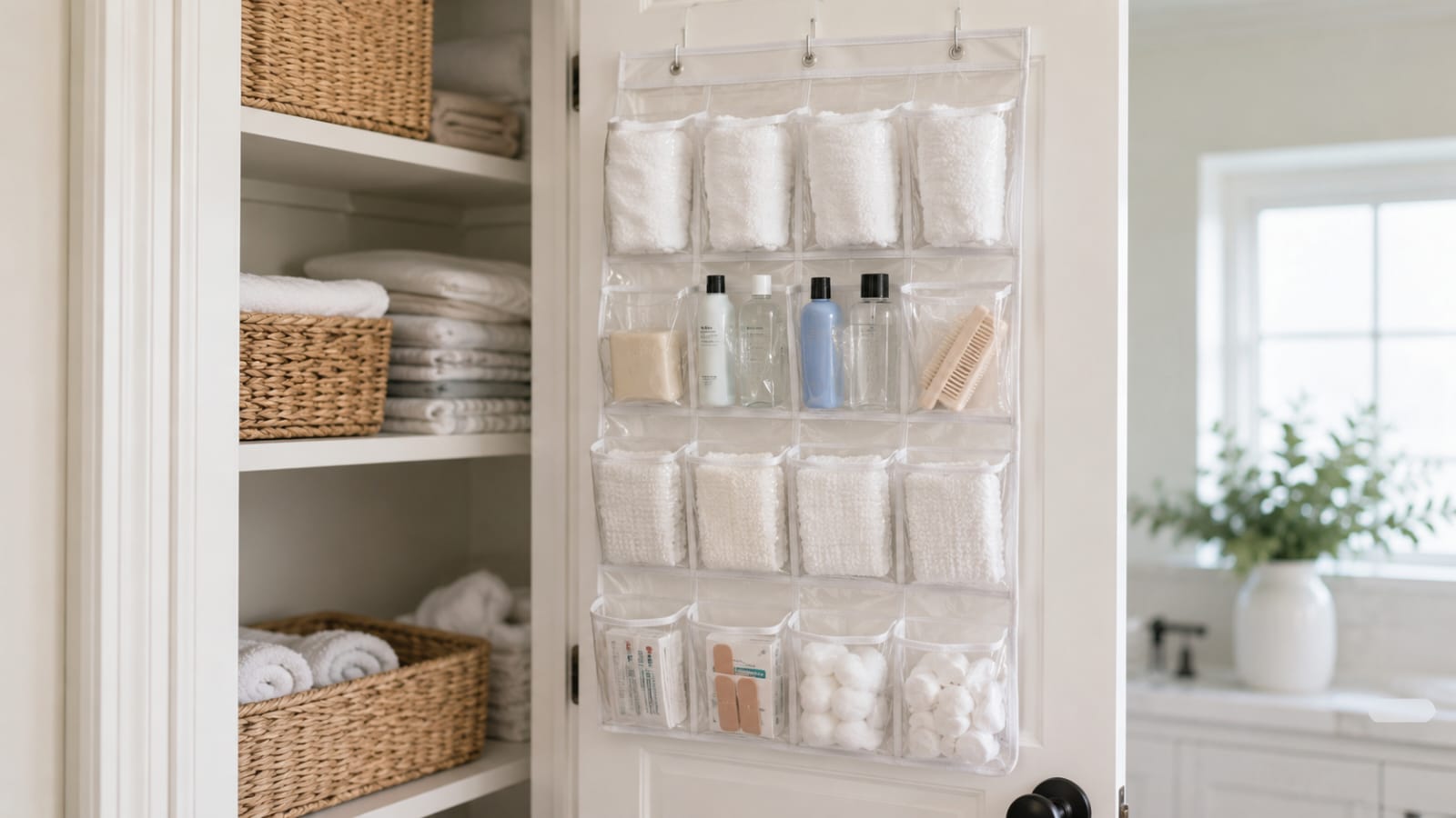 Over-the-door pocket organizer holding towels, toiletries, and small essentials inside a linen closet for extra storage