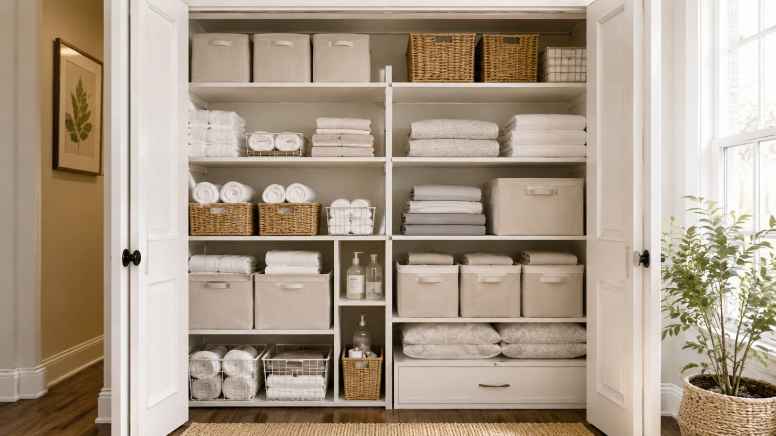 Fully organized linen closet with matching bins, rolled towels, and folded sheets showing practical linen closet organization ideas