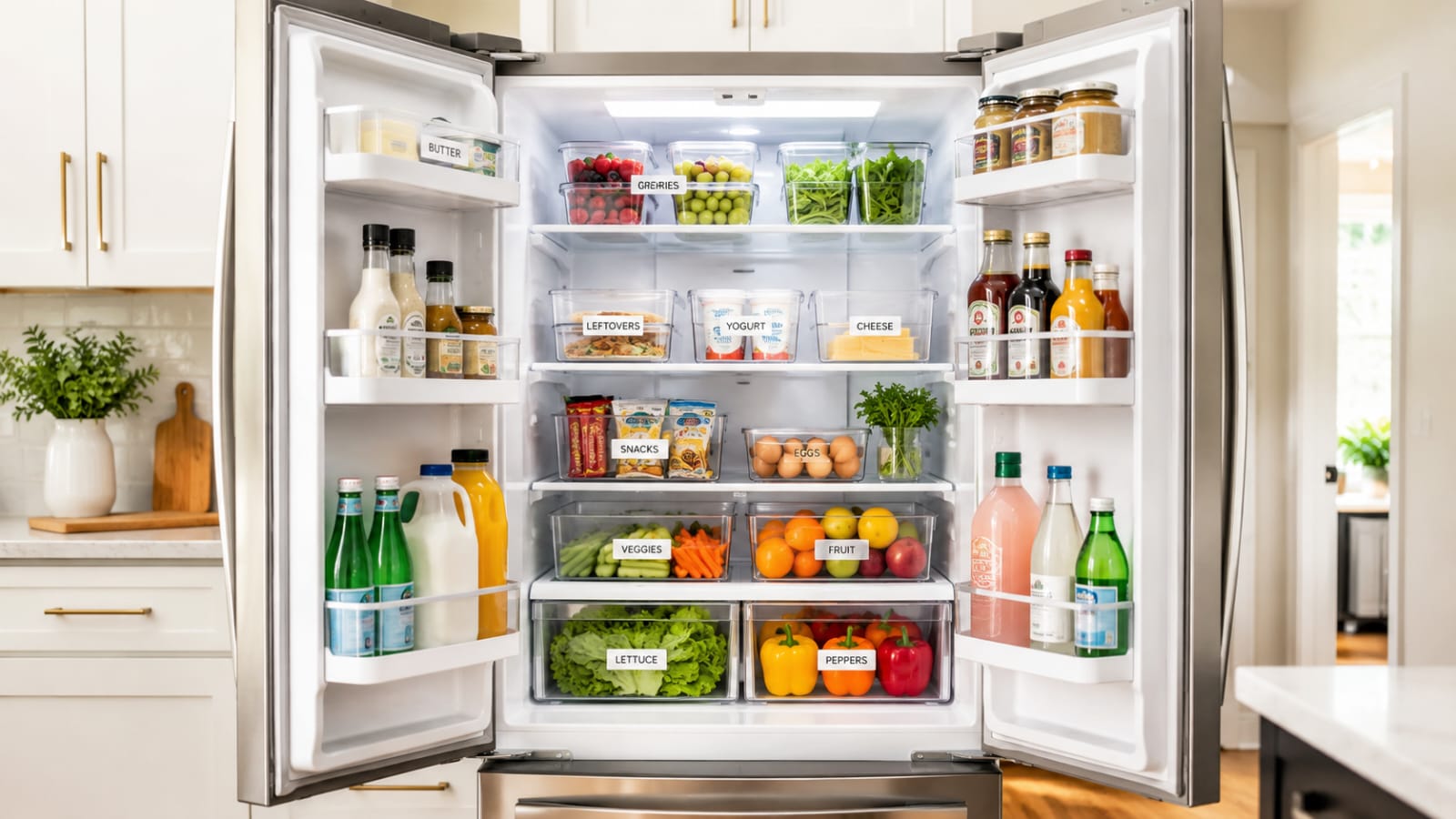 Organized refrigerator door with clear storage bins.