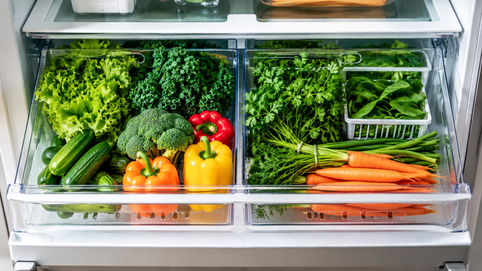 Organized refrigerator crisper drawer with fresh vegetables stored in clear produce bins