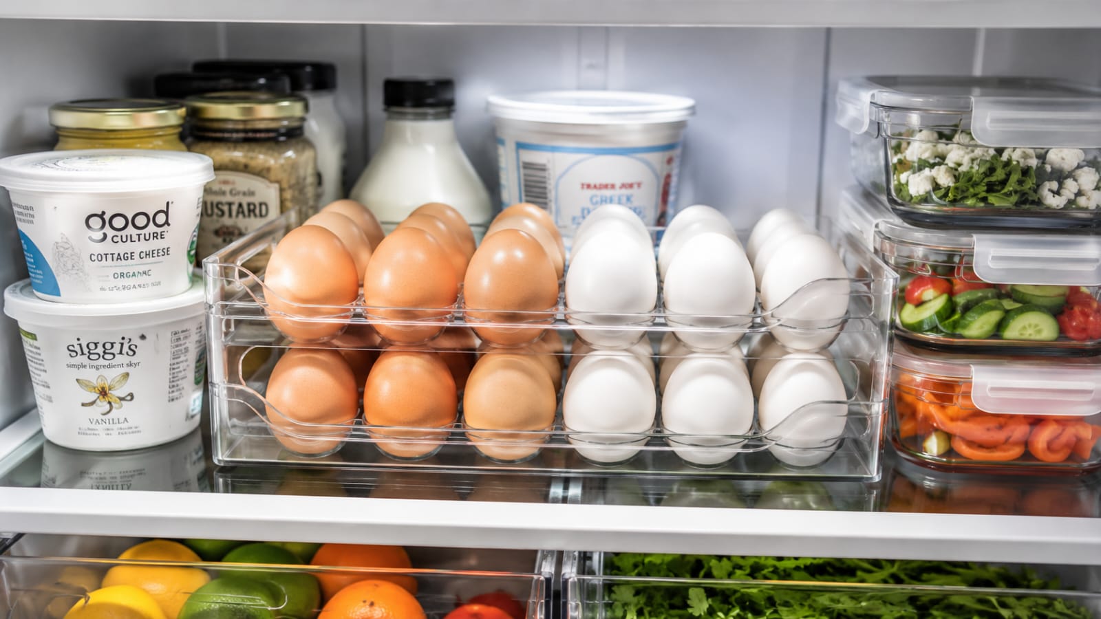 Clear acrylic egg holder organizing eggs inside a modern refrigerator