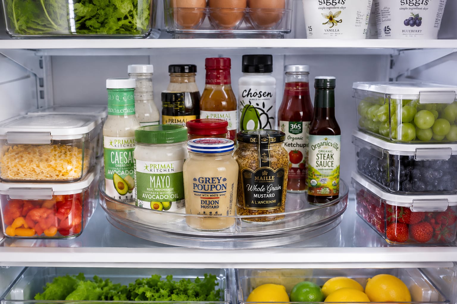 Lazy Susan turntable organizing condiment bottles inside a refrigerator
