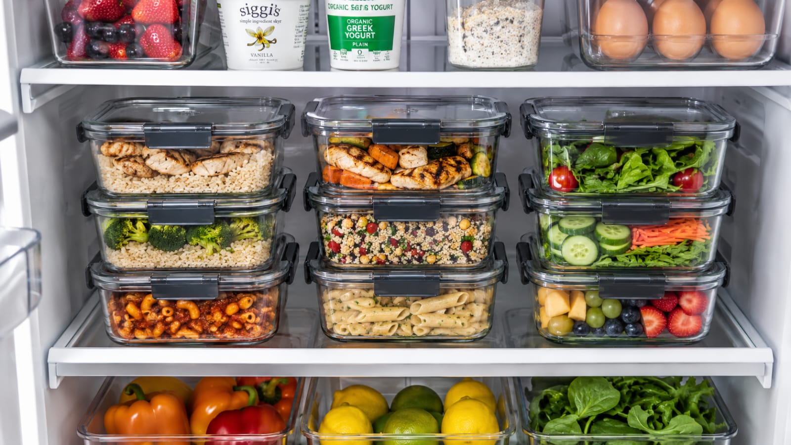 Stackable glass meal prep containers neatly organized inside a modern refrigerator