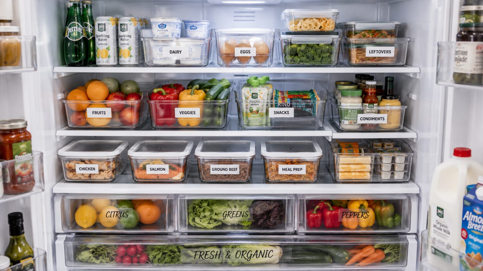 Clean and organized refrigerator after a weekly reset with labeled storage bins