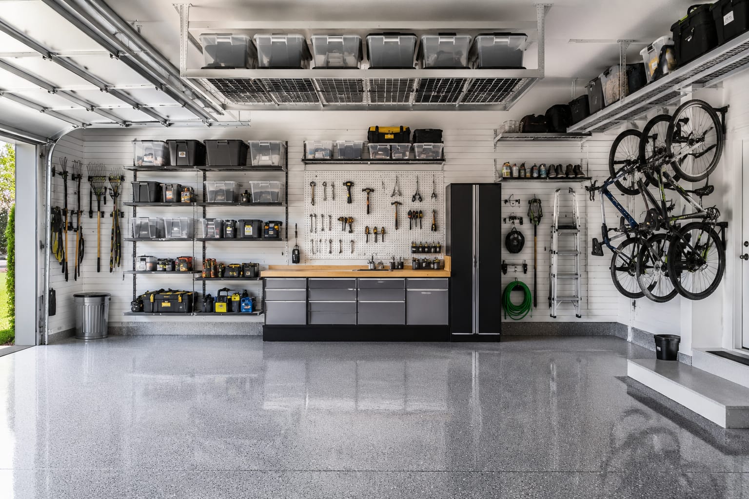 Modern garage organization ideas with wall-mounted shelving, ceiling storage racks, pegboard tool wall, and labeled storage bins in a clean American two-car garage