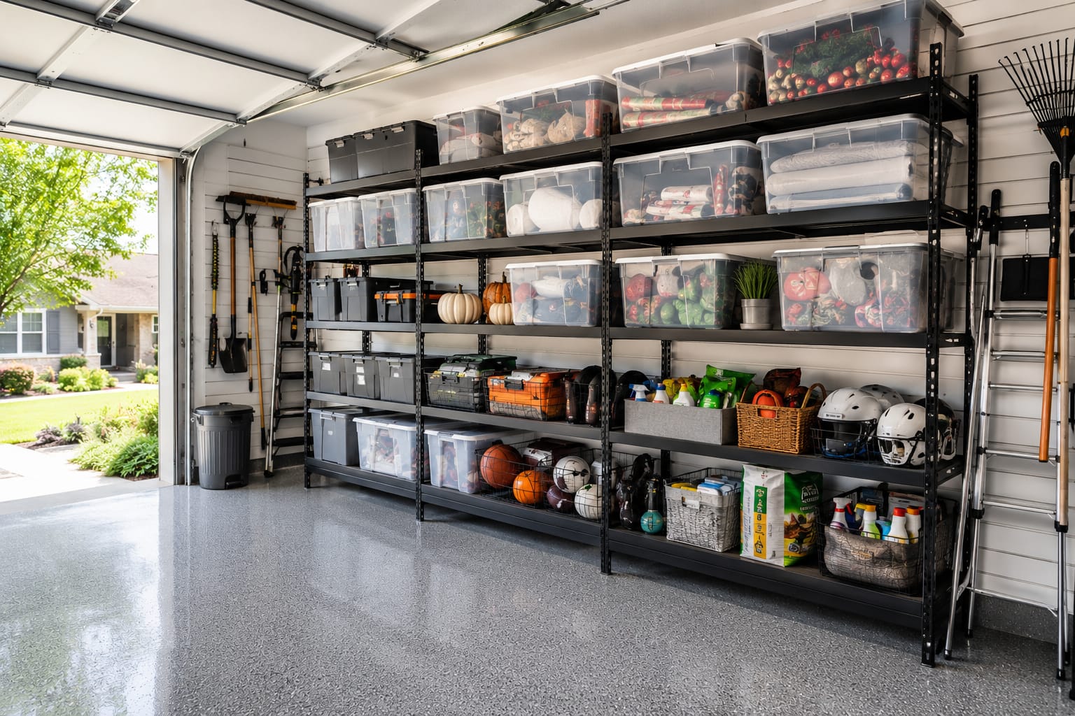 Heavy-duty wall shelving garage storage ideas with clear labeled storage bins and organized seasonal supplies.