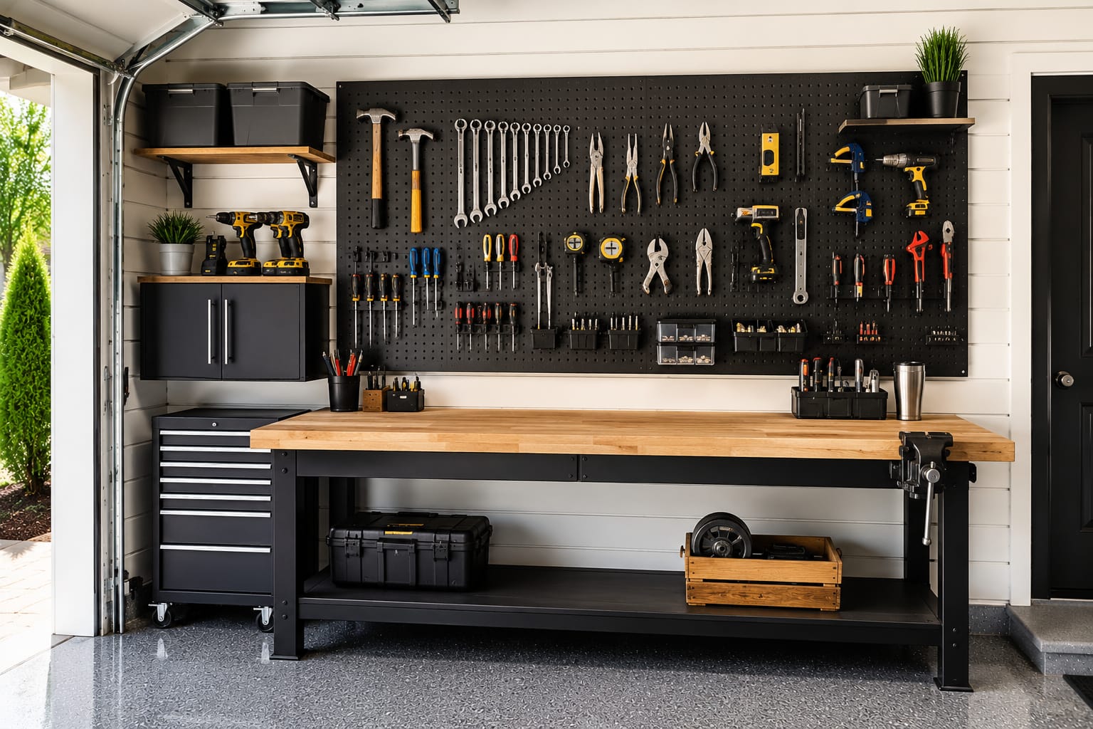 Garage pegboard organization ideas with neatly arranged hand tools above a wooden workbench in a modern American garage