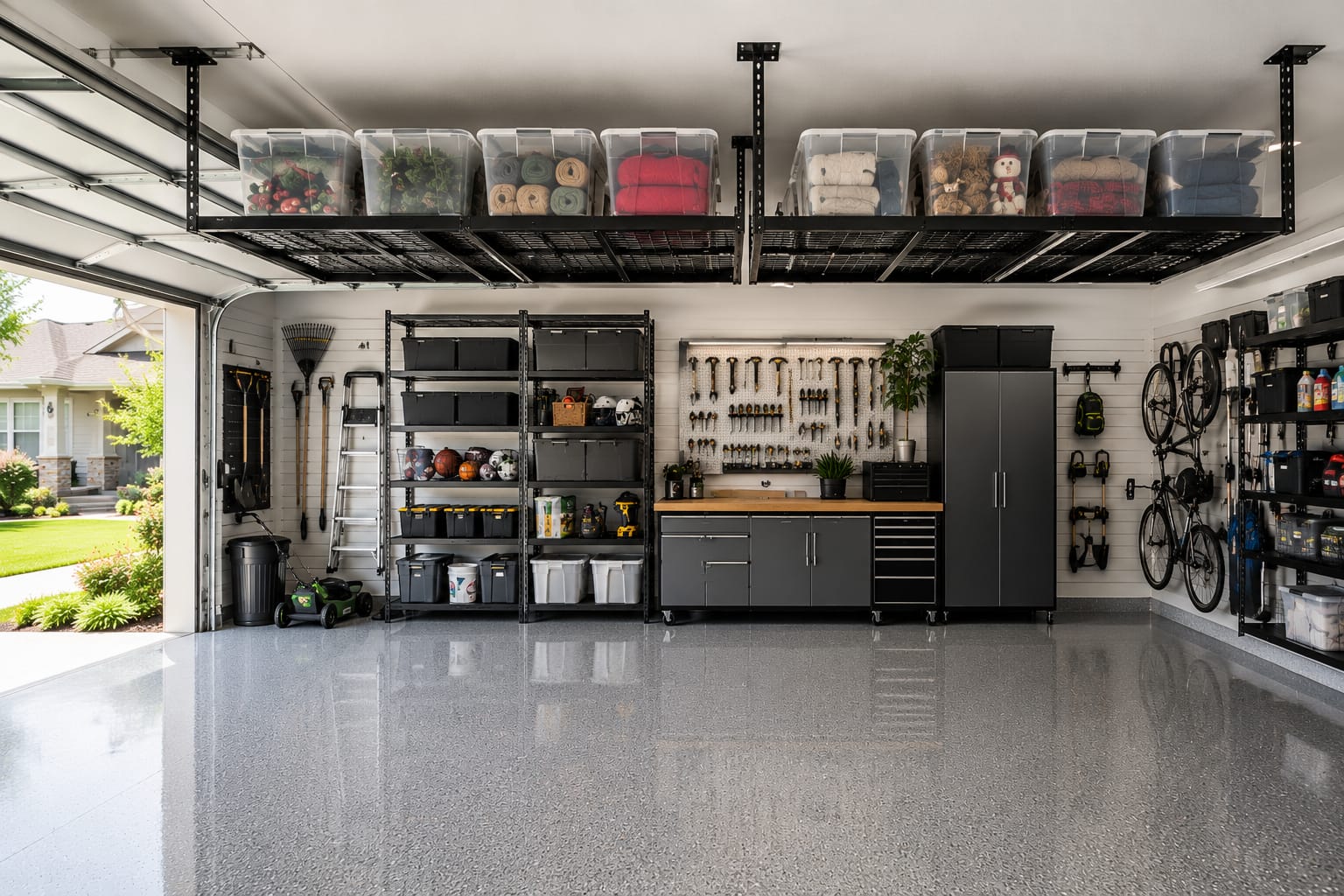 Garage ceiling storage rack ideas with overhead storage bins, wall shelving, and organized seasonal storage in a modern American garage.